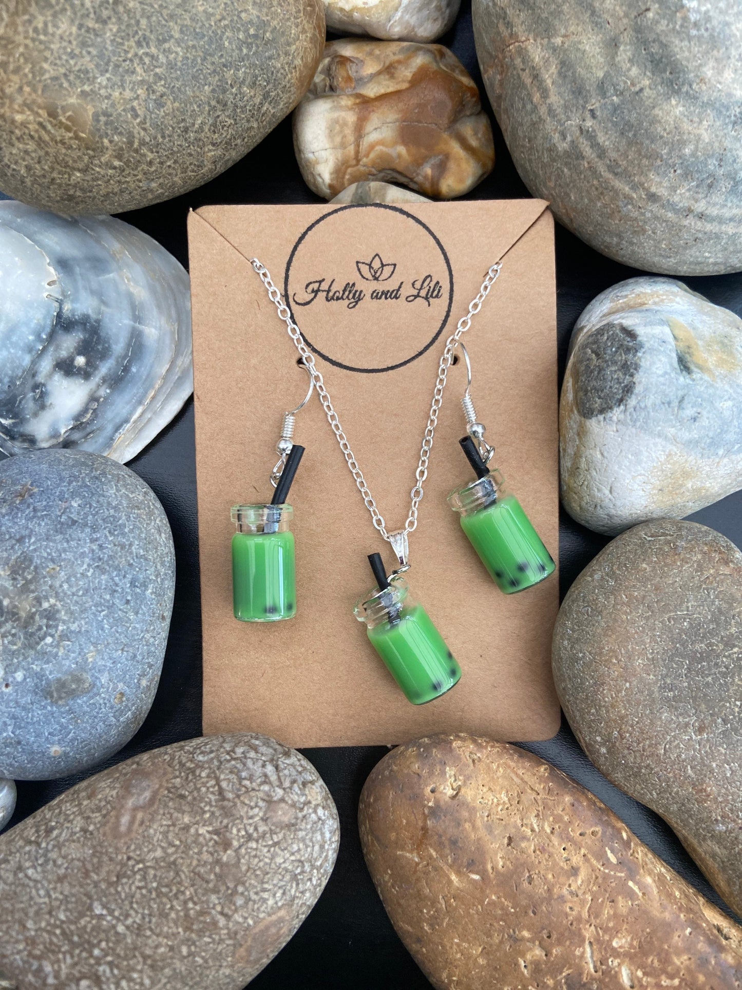 Bubble Tea Novelty Necklace & Earring Dark Green colour Set, Dark green Bubble Tea, Green Boba Tea Necklace, Bubble Tea Earring set, Bubble