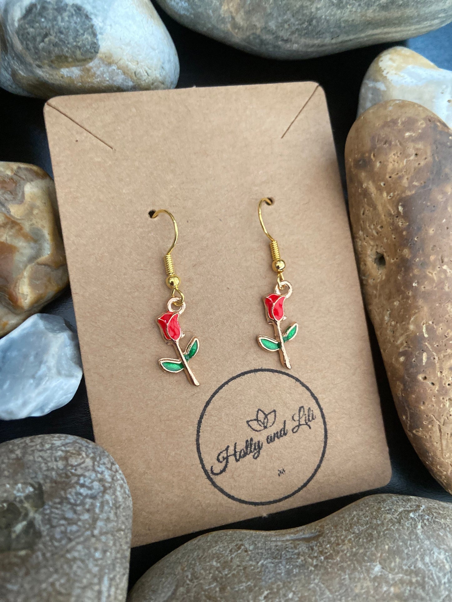 Rose Novelty Earrings, Personalised Red Roses Earrings, Roses For Her Earrings, Red Rose Earrings, Gold Red Roses, Red Roses Earrings, Rose