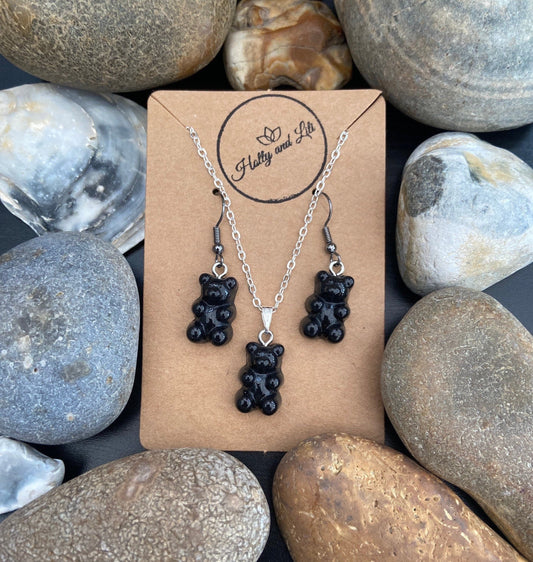 Gummy Bear Novelty Matching Necklace & Earring Set in Black, Gummy Bear Earrings, Gummy Bear Necklace, Gummy Bear Jewellery Set, Gift Set