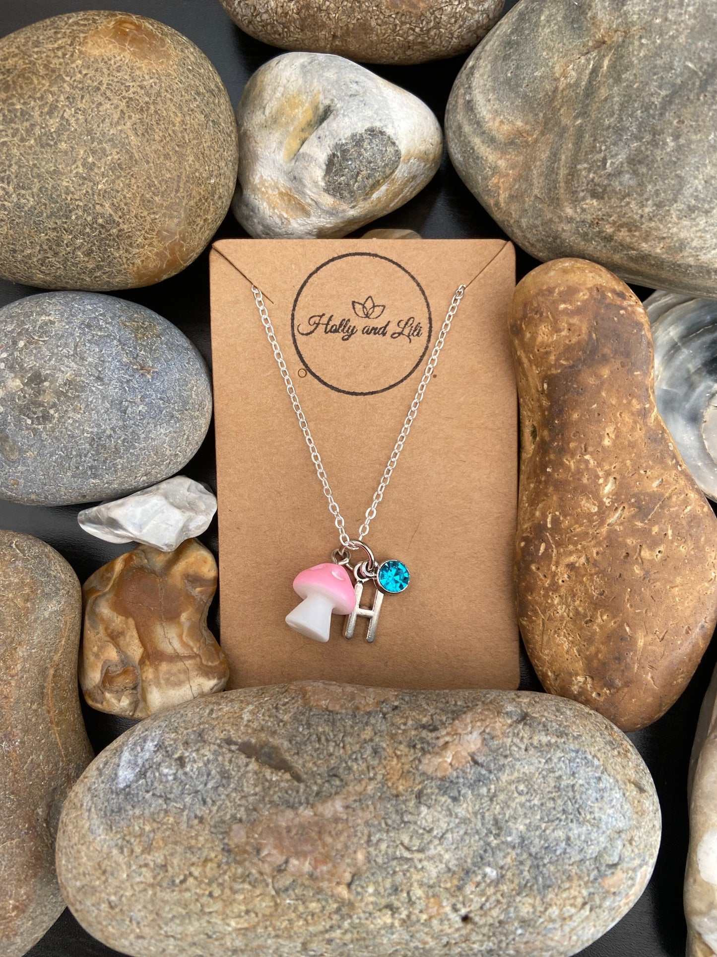 Mushroom Mini Pink Personalised Pendant Charm Necklace, Alphabet Initials, Birthstone Charm, Shroom, Mushy, Toadstool, Gift For Daughter