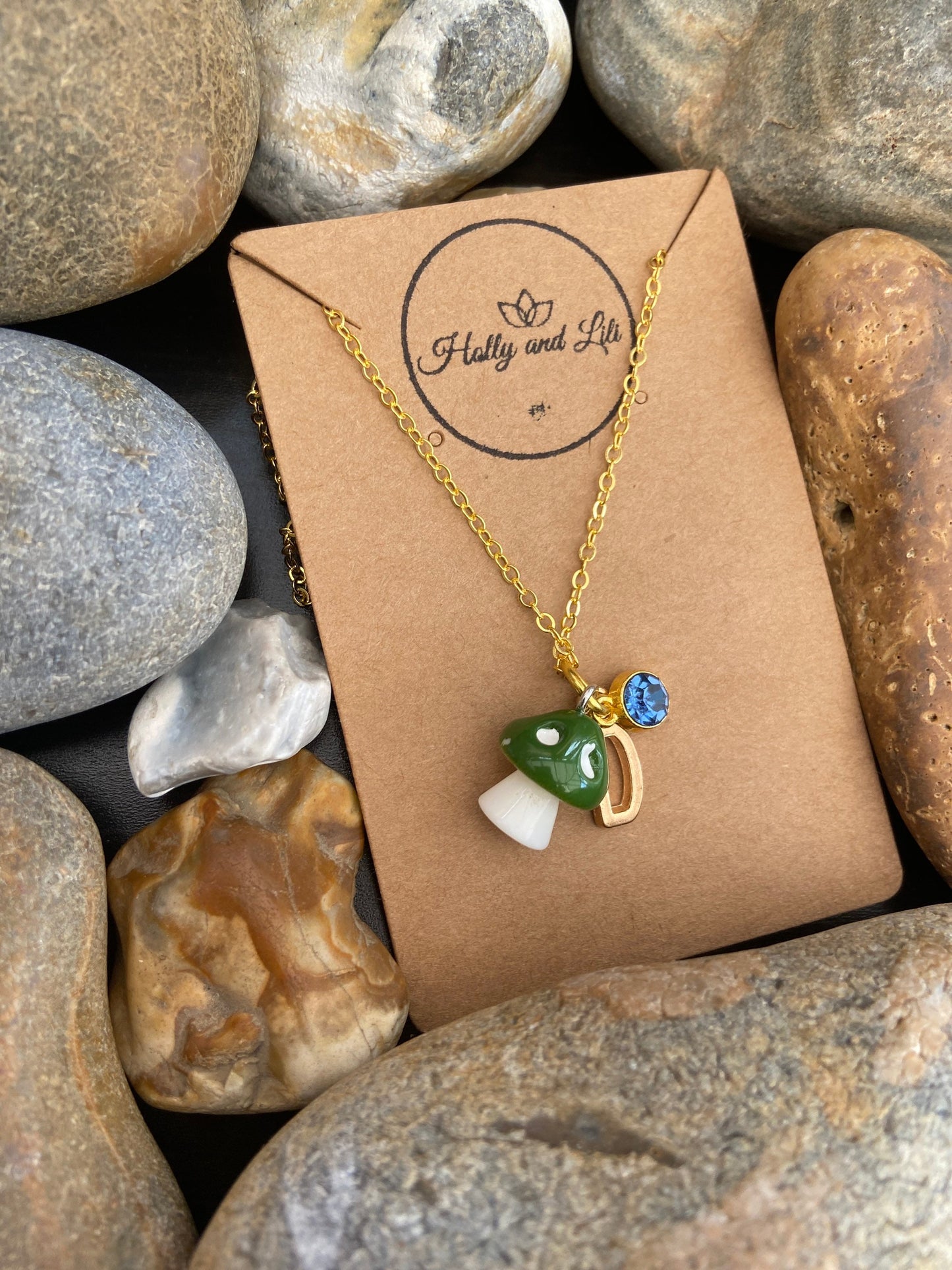 Mushroom Mini Green Personalised Pendant Charm Necklace,  Alphabet Initials, Birthstone Charm,  Shroom, Mushy, Toadstool, Gift For Daughter