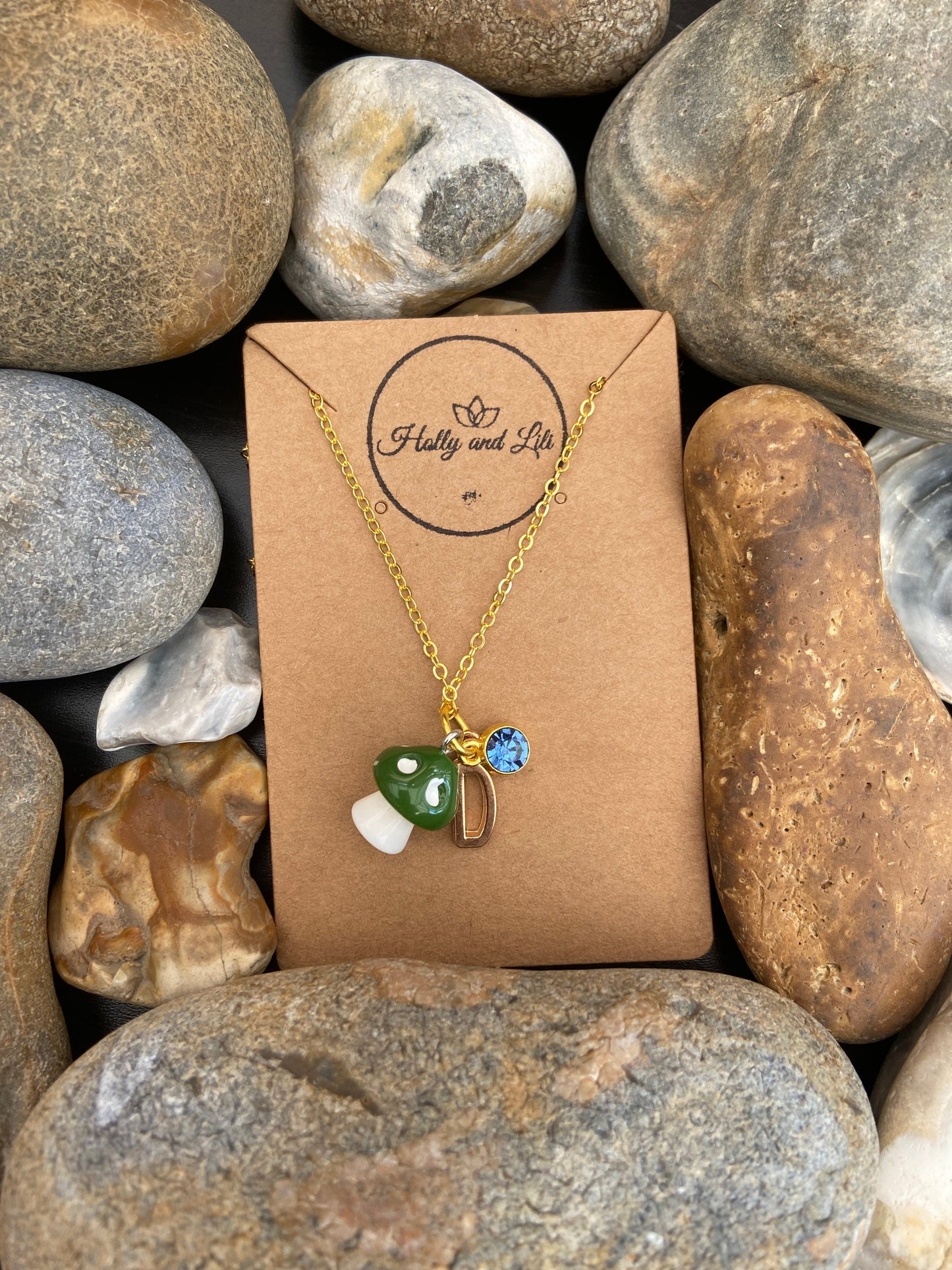 Mushroom Mini Green Personalised Pendant Charm Necklace,  Alphabet Initials, Birthstone Charm,  Shroom, Mushy, Toadstool, Gift For Daughter