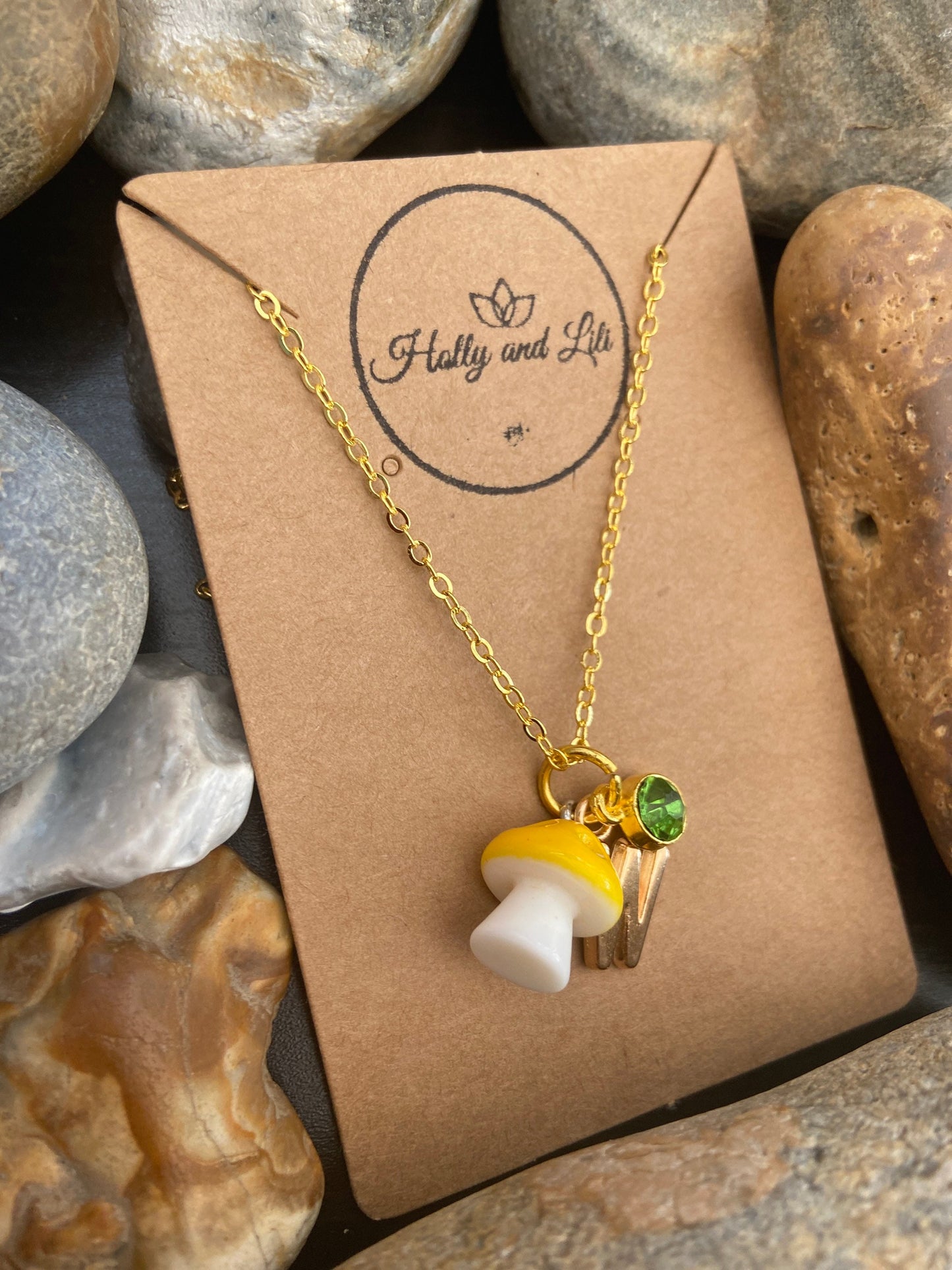 Mushroom Mini Yellow Personalised Pendant Charm Necklace,  Alphabet Initials, Birthstone Charm, First Necklace, Gift For Her, Toadstool Gift