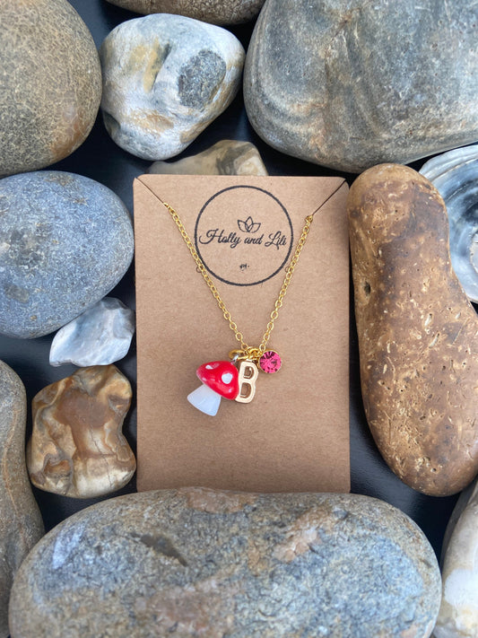 Mushroom Red Charm, Personalised Pendant Charm Necklace, Personalise Alphabet Initials, Birthstone Charm, First Necklace , Cute Unique Gifts