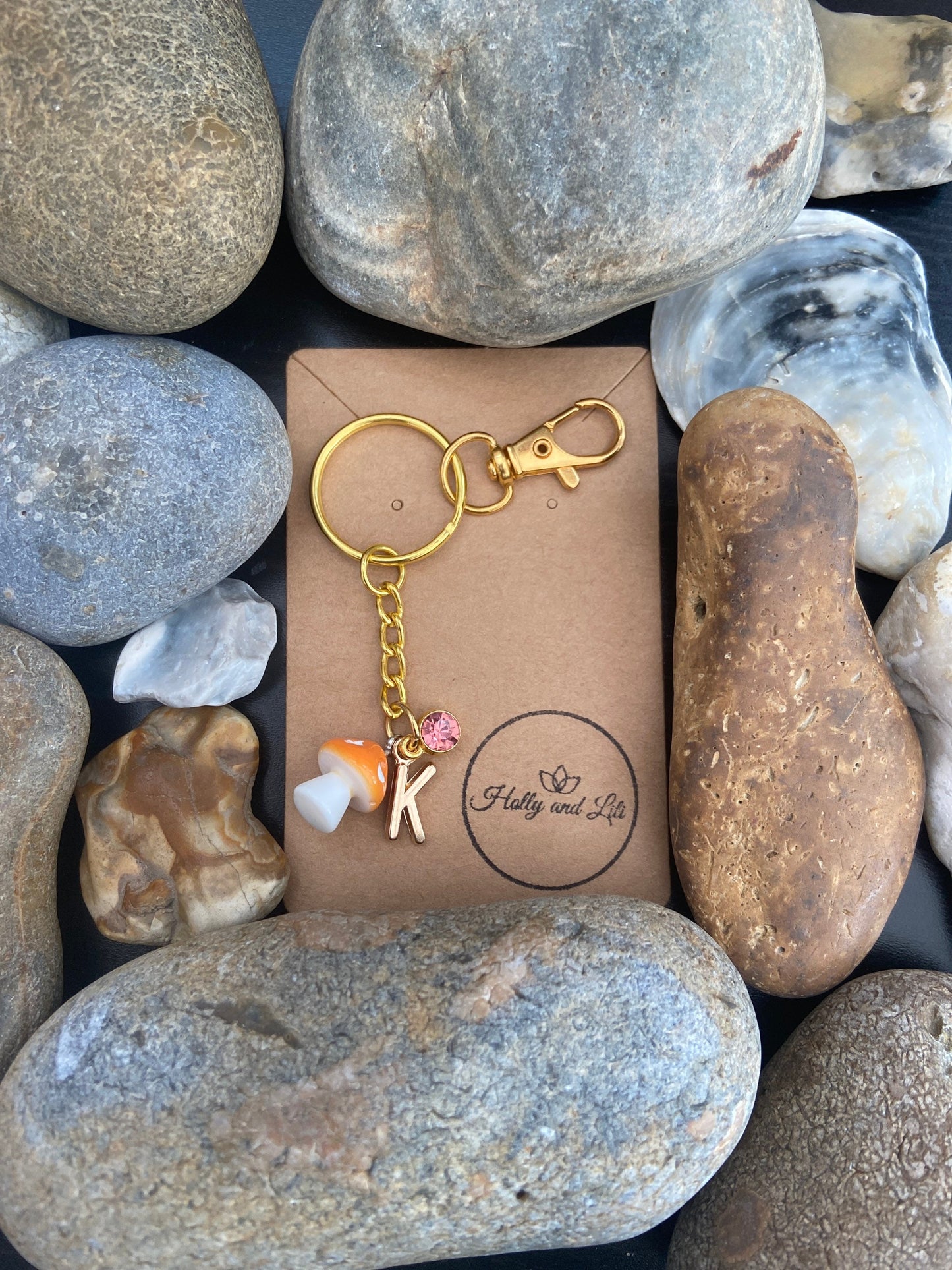 Mushroom Orange charm Personalised keychain, Mini Mushroom Keyring, Alphabetical Initial, Birthstone Charms, Shroom, Toadstool Zipper Chain