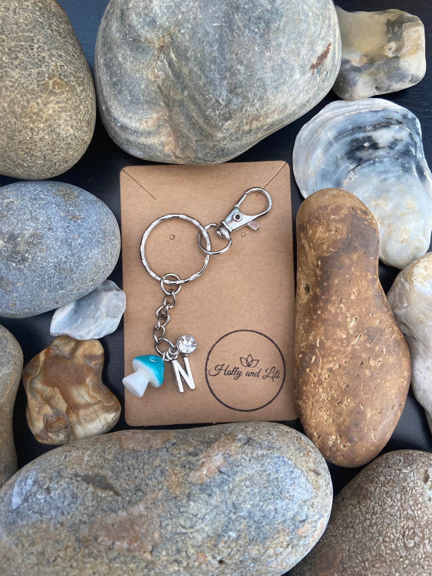 Mushroom Blue charm Personalised keychain, Mini Mushroom Keyring, Alphabetical Initial, Birthstone Charms, Zipper Chain, Toadstool Keyrings