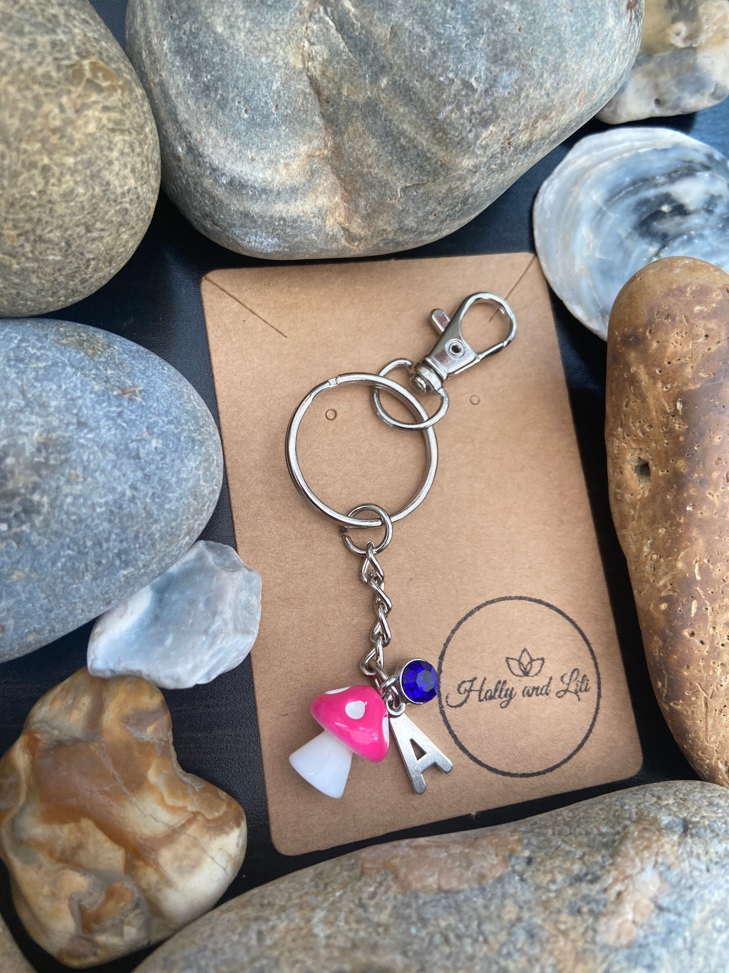 Mini Mushroom Rose charm, Personalised keychain, Novelty Keyring, Zipper Chain, Alphabetical Initial, Birthstone Charms, Cute Querky Gifts