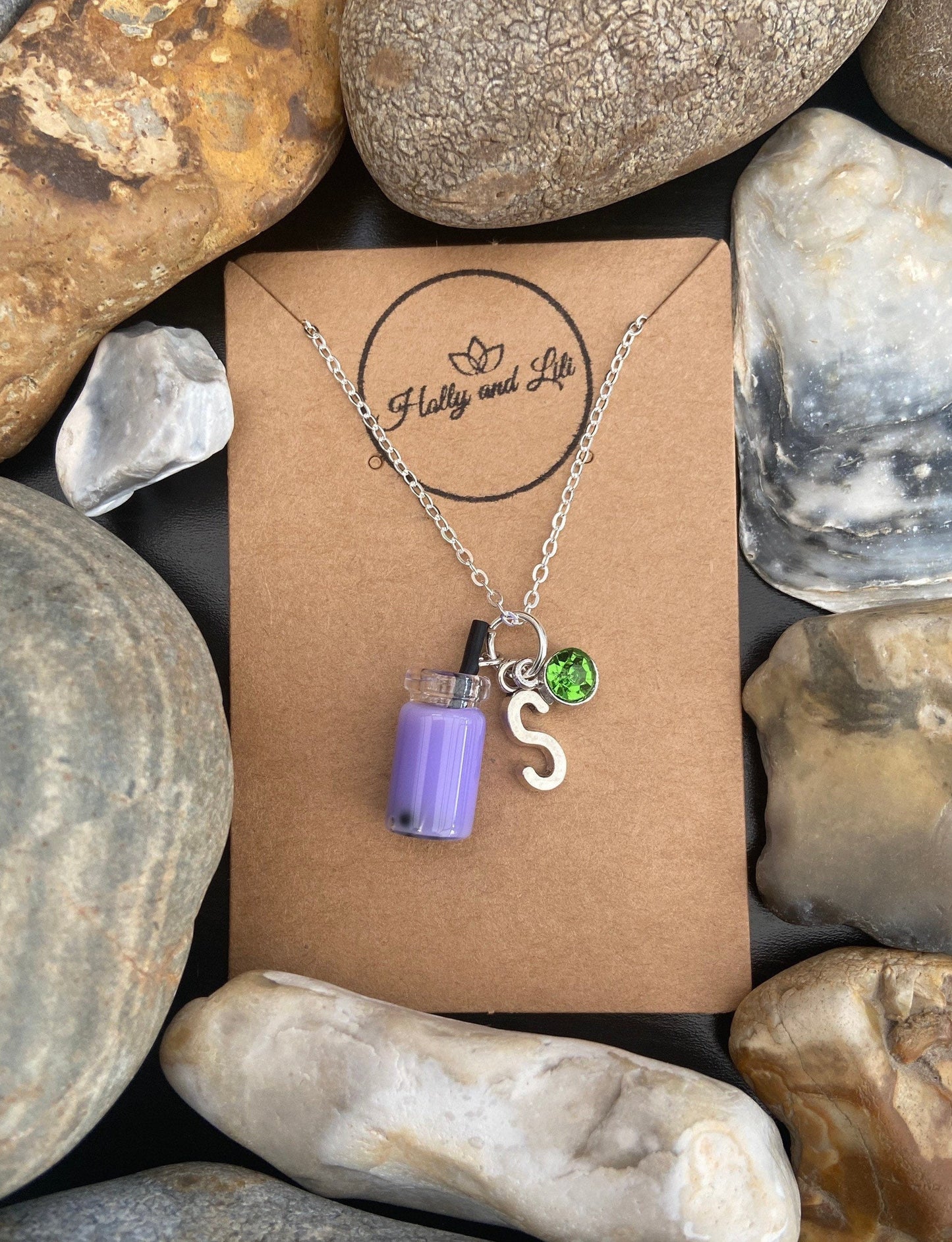 Bubble Tea Boba Purple Personalised Pendant Charm Necklace, Alphabet Initials,  Birthstone Charm,  Boba Milk Tea , Purple Chain, Cute Gifts