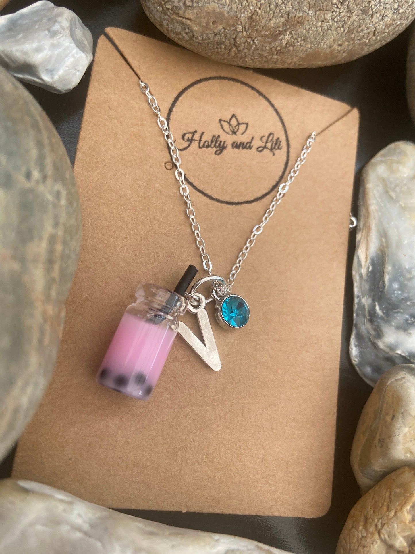 Bubble Tea Boba, Light Pink, Personalised Pendant Charm Necklace, Alphabet Initials, Birthstone Charm, First Necklace, Cute Gift For Her,