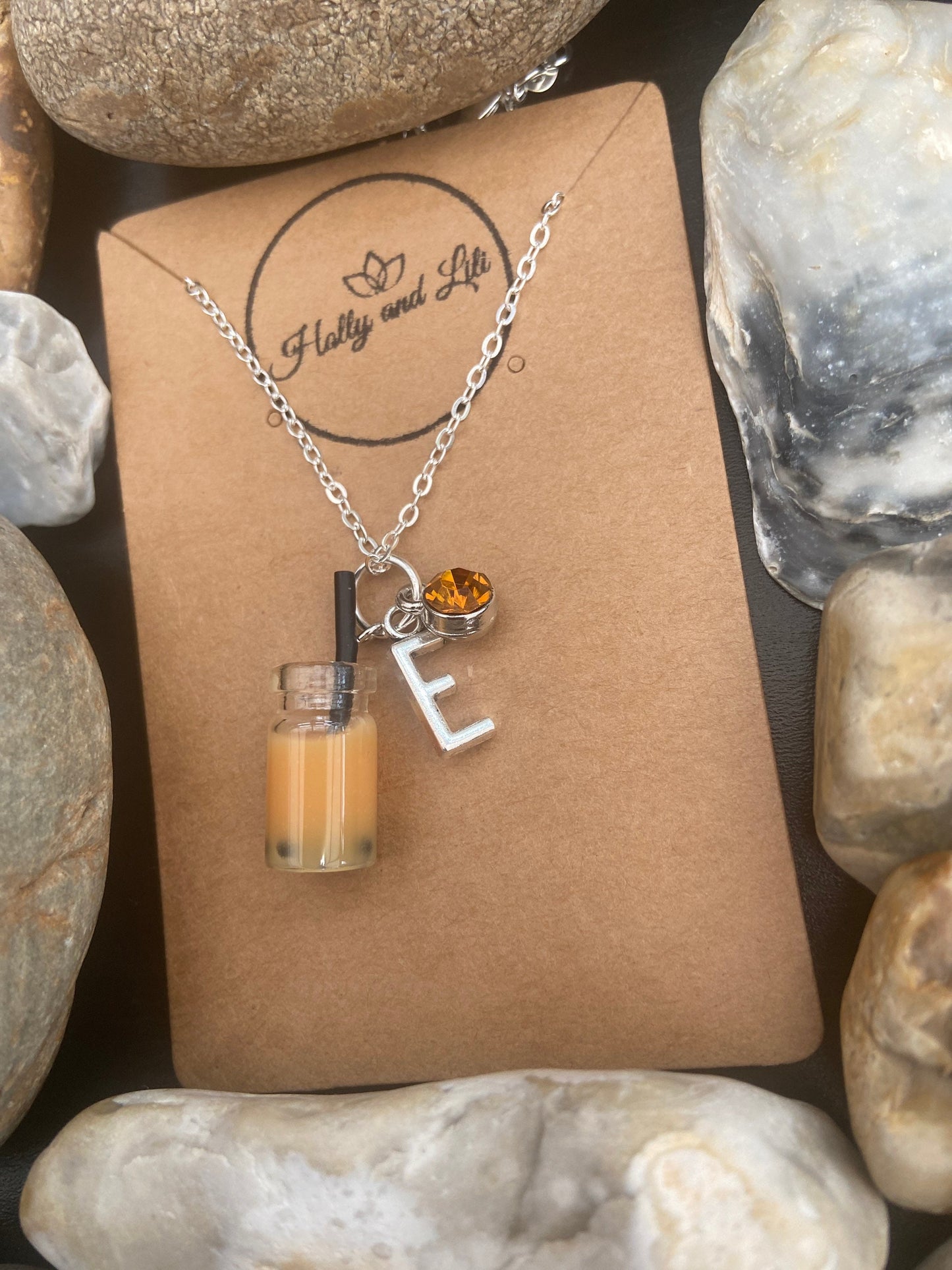 Bubble Tea Boba Orange Personalised Pendant Charm Necklace, Alphabet Initials, Birthstone Charm,  Boba Orange Milk Tea, Cute Novelty Gifts