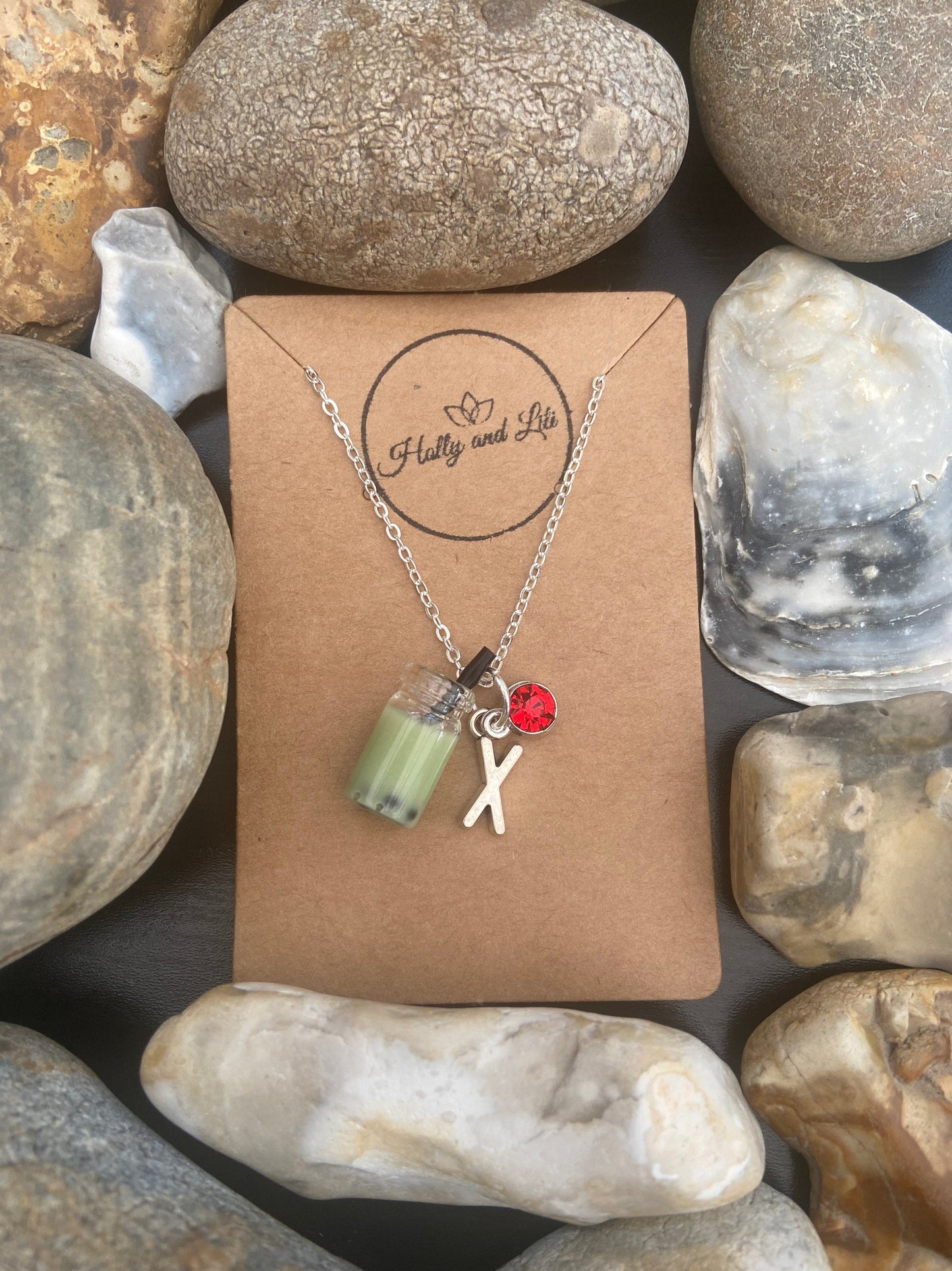 Bubble Tea Boba Light Green Personalised Pendant Charm Necklace, Alphabet Initials, Birthstone Charm, First Necklace, Gift For Her, Cute