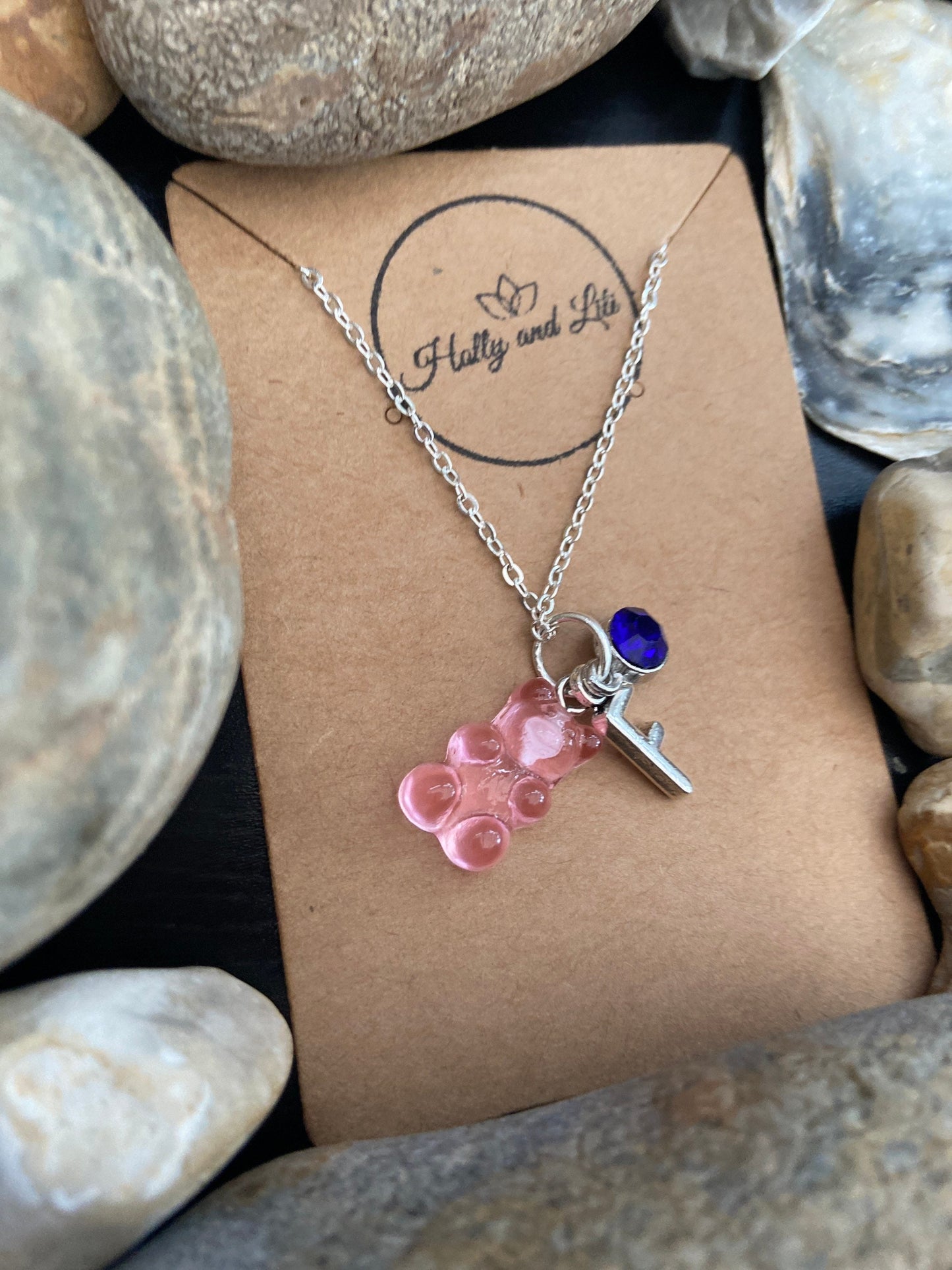 Gummy Bear Pink Personalised Pendant Charm Necklace, Alphabet Initials, Birthstone Charm, Teddy bear Chain, First Necklace, Cute Unique Gift