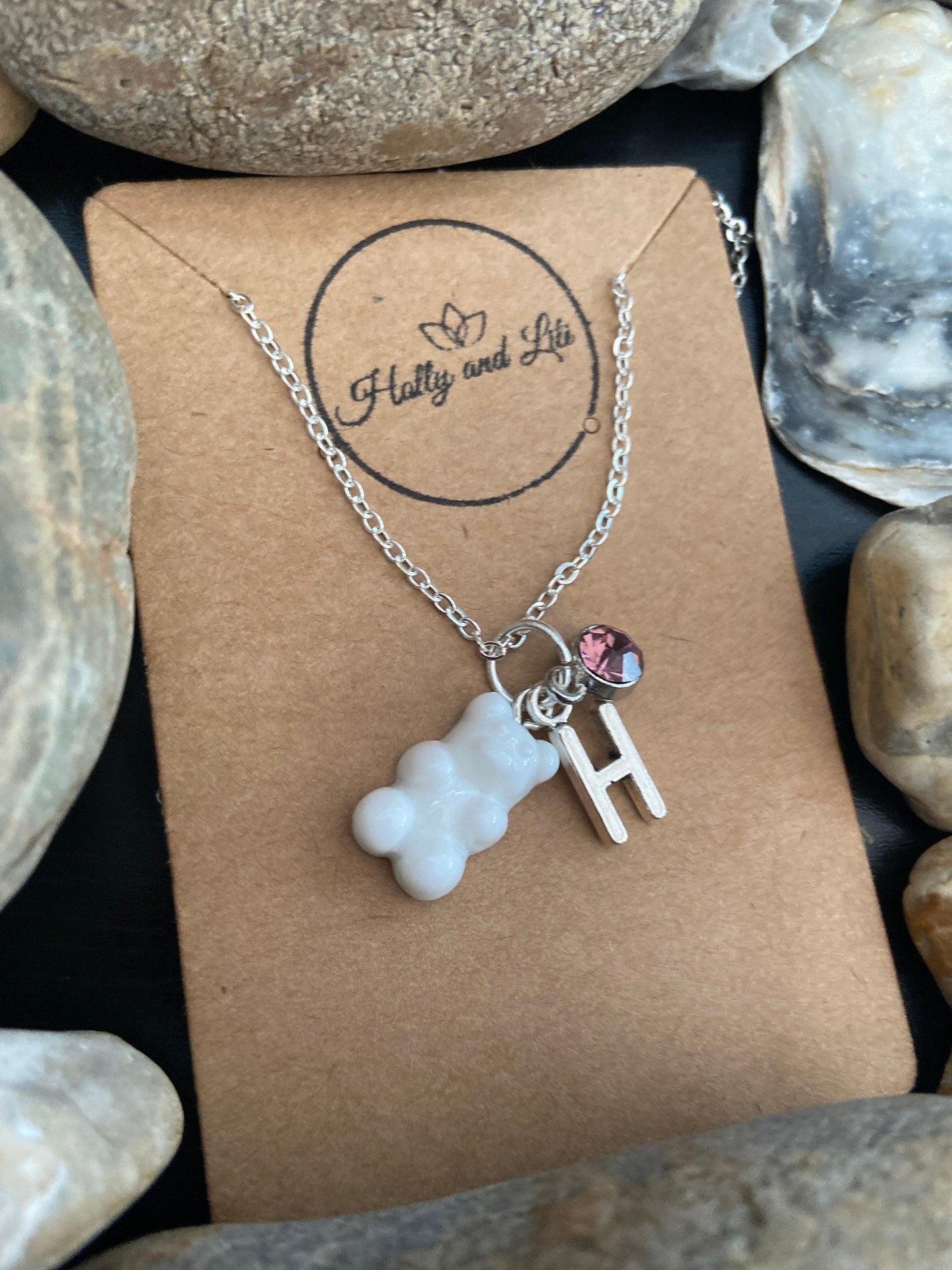 Gummy Bear White Personalised Pendant Charm Necklace, Alphabet Initials,  Birthstone Charm,  Teddy Bear Chain, First necklace, Gift for Her