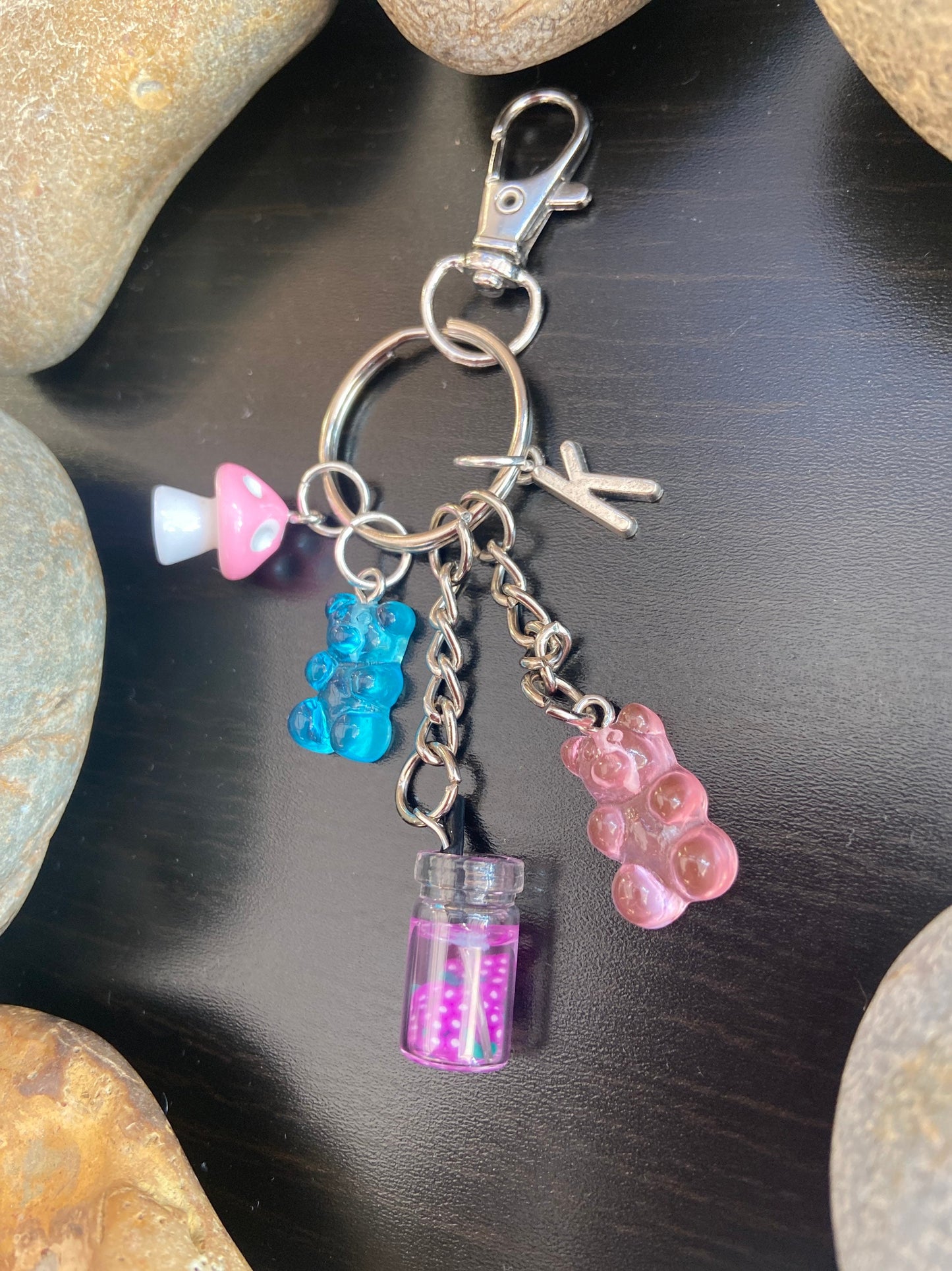 Gummy Bear Mushroom And Fruit Tea Keyring, Alphabet Initial Choose your charm, Personalised keyring, Personalise Keychain, Mini Mushroom