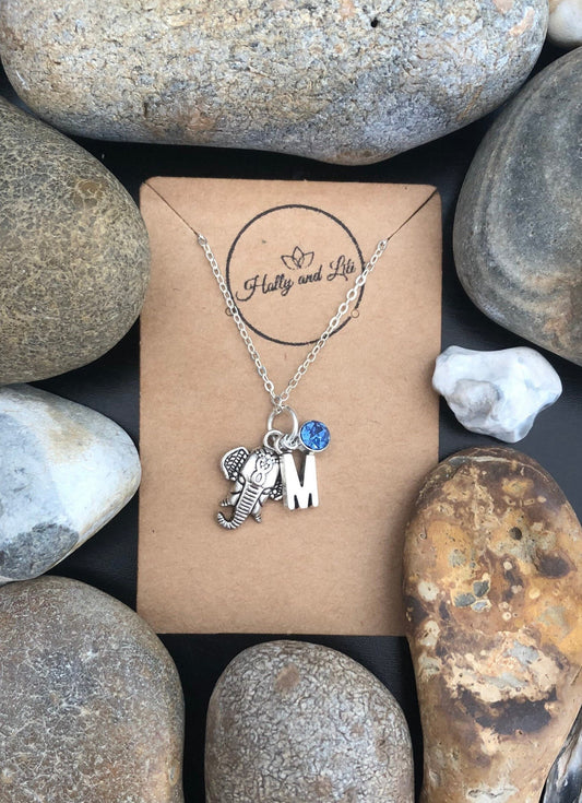 Elephant Personalised Pendant Lucky Charm Necklace, Alphabet Initials, Birthstone Charm, Safari, Large Elephant, Dumbo, Cute, Strength Chain