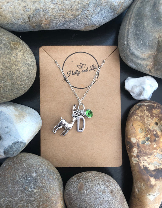 Deer Stag Personalised Animal Pendant Charm Necklace, Alphabet Initials, Birthstone Charm, Bambi, Deers, Wild Animal, Unique Gift For Her