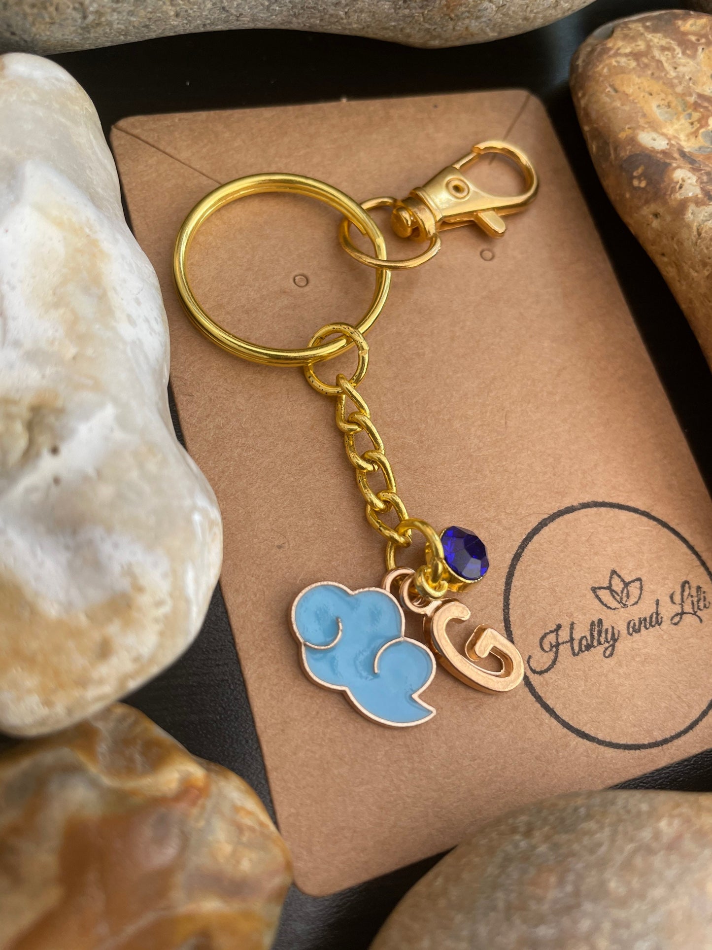 Cloud Style Blue Personalised Weather Gold Keyring, Blue Clouds Keychain, Alphabet Initials Zipper Chain,  Birthstone Charm Keyrings For Her