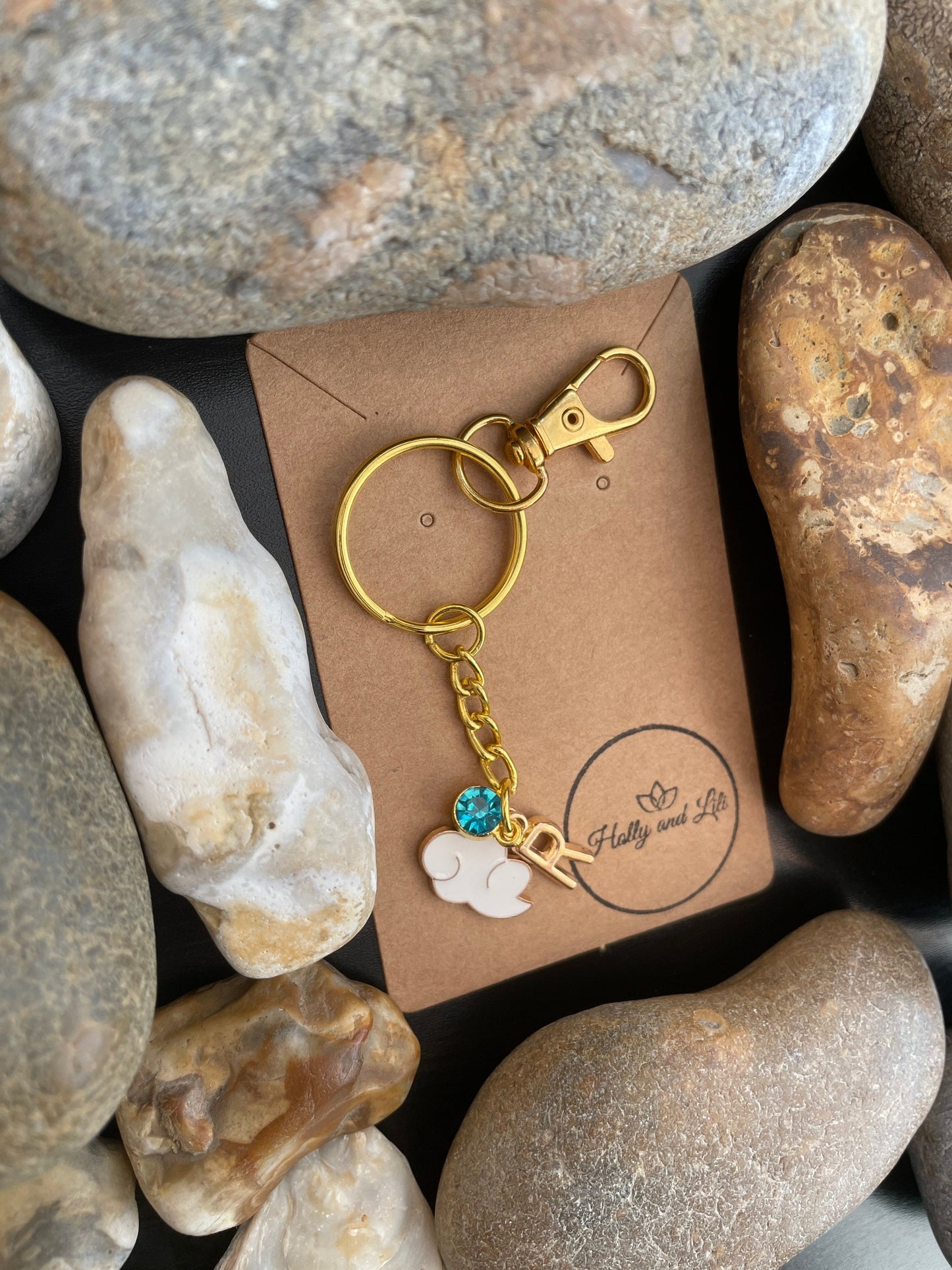 Cloud Style White Personalised Gold Keyring, Clouds Keychain, Zipper Chains, Weather Keyring, Alphabet Initials Keychain, Birthstone Charm