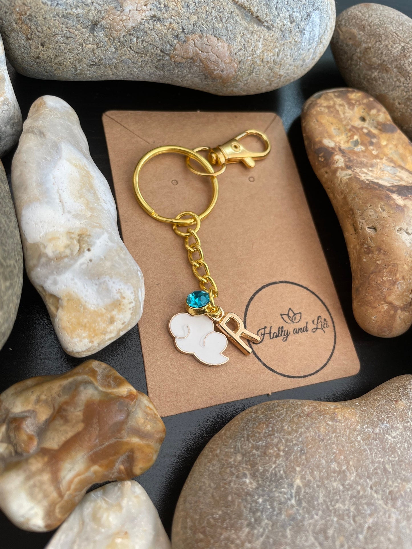 Cloud Style White Personalised Gold Keyring, Clouds Keychain, Zipper Chains, Weather Keyring, Alphabet Initials Keychain, Birthstone Charm