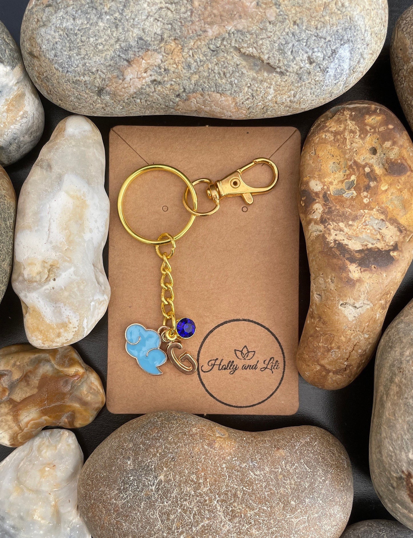 Cloud Style Blue Personalised Weather Gold Keyring, Blue Clouds Keychain, Alphabet Initials Zipper Chain,  Birthstone Charm Keyrings For Her