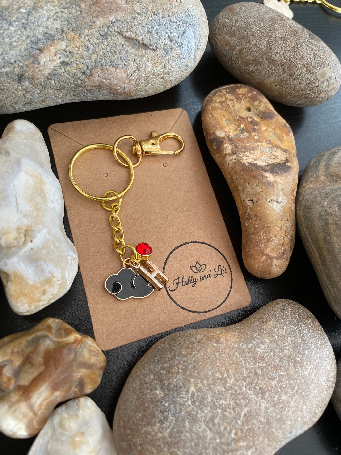 Cloud Style Black Personalised Gold Keyring, Black clouds Keychain, Alphabet Initials, Birthstone Charm, Cloudy Keyrings, Clouded Keychain