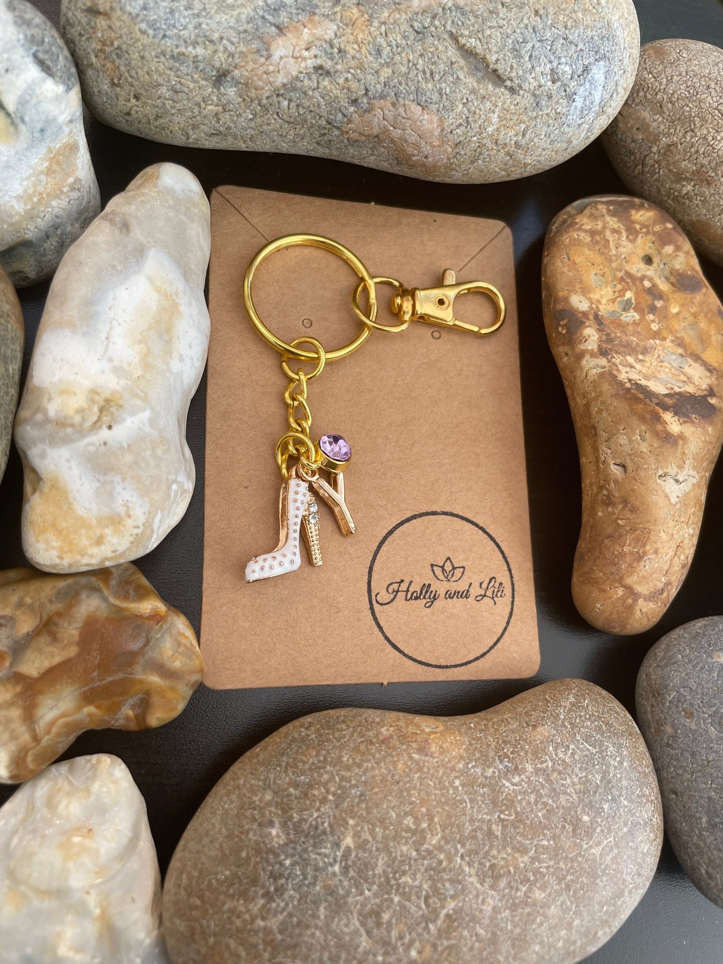 High Heel Style White Personalised Gold Keyring, Stiletto Keychain, Alphabet Initials, Birthstone Charm, Womens Heels Zipper Chain Gifts