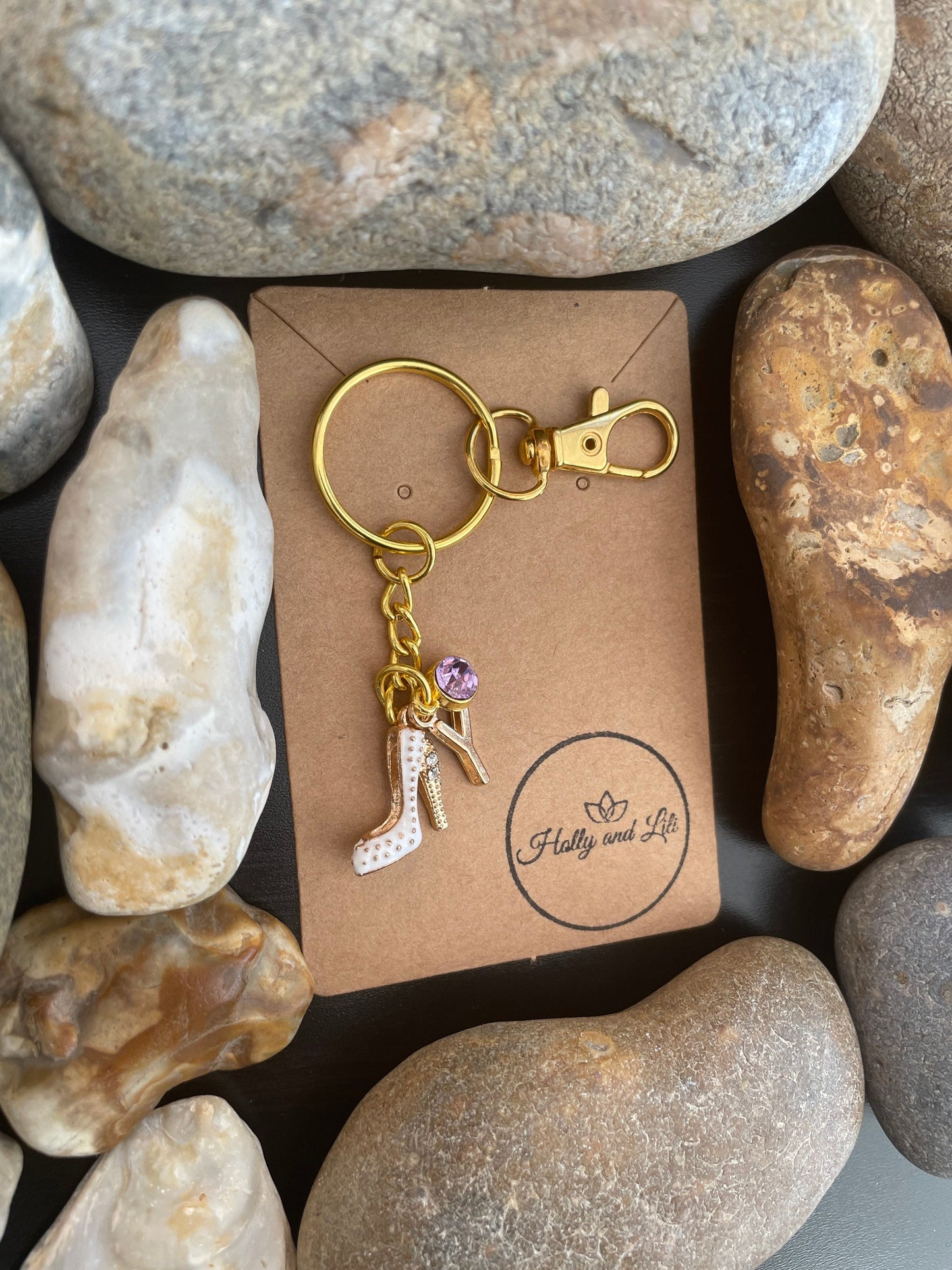 High Heel Style White Personalised Gold Keyring, Stiletto Keychain, Alphabet Initials, Birthstone Charm, Womens Heels Zipper Chain Gifts