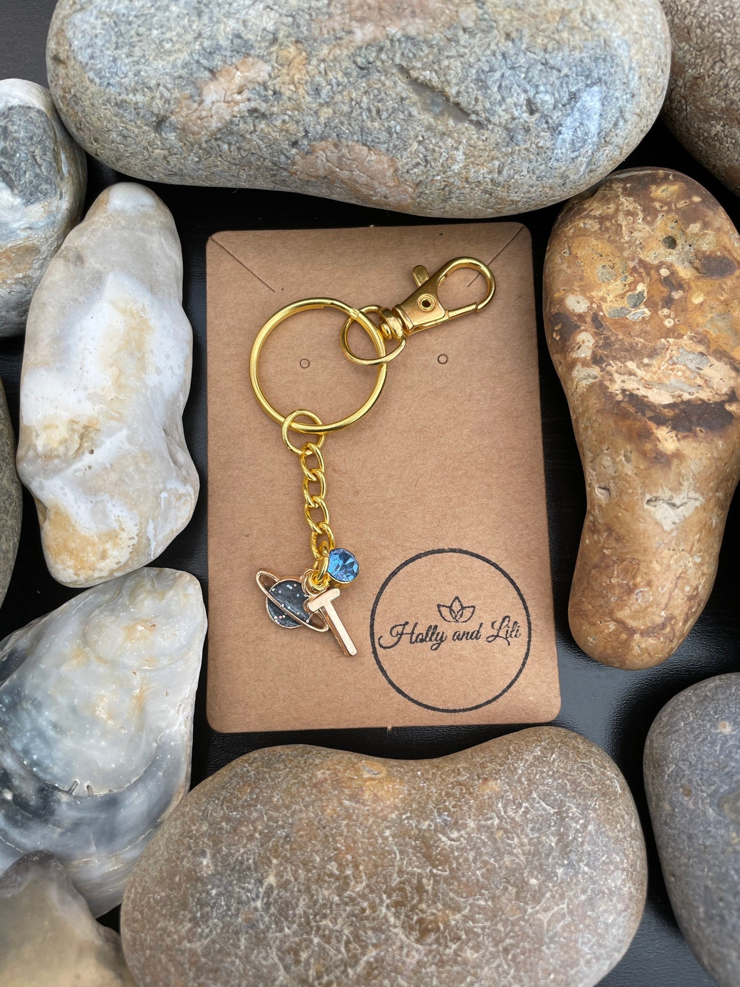 Planet Style Grey Blue Personalised Gold Keyring, Galaxy Keychain, Gifts Out Of This World, Alphabet Initials, Birthstone Charm, Gifts For