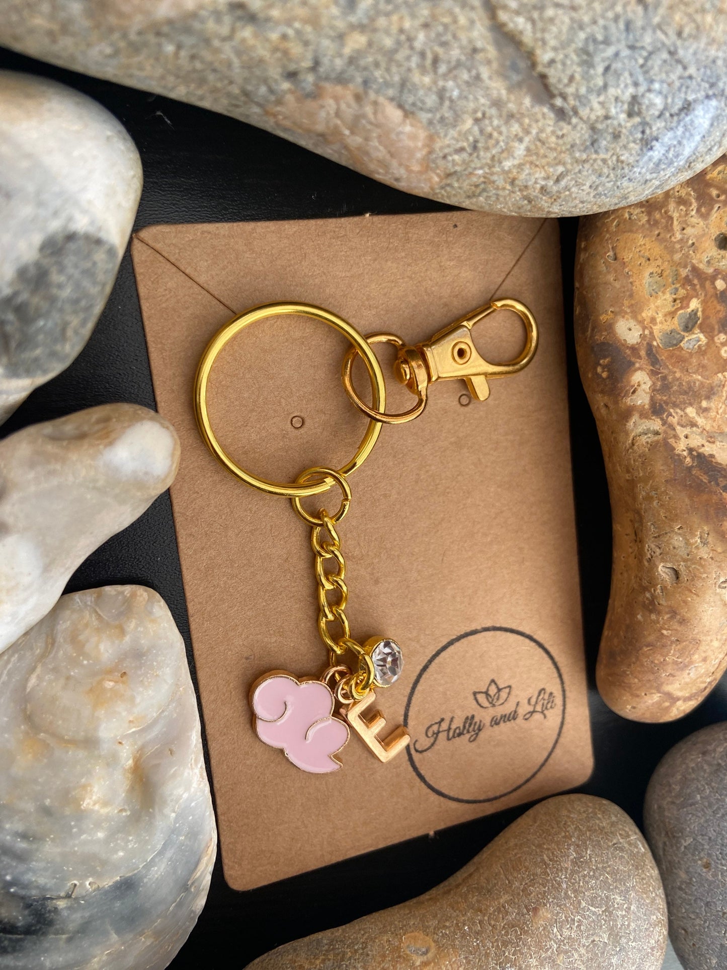 Cloud Style Pink Personalised Gold Keyring, Clouds Keychain, Alphabet Initials, Birthstone Charm, Pink Clouds, Cloudy Zipper Chain Gifts For