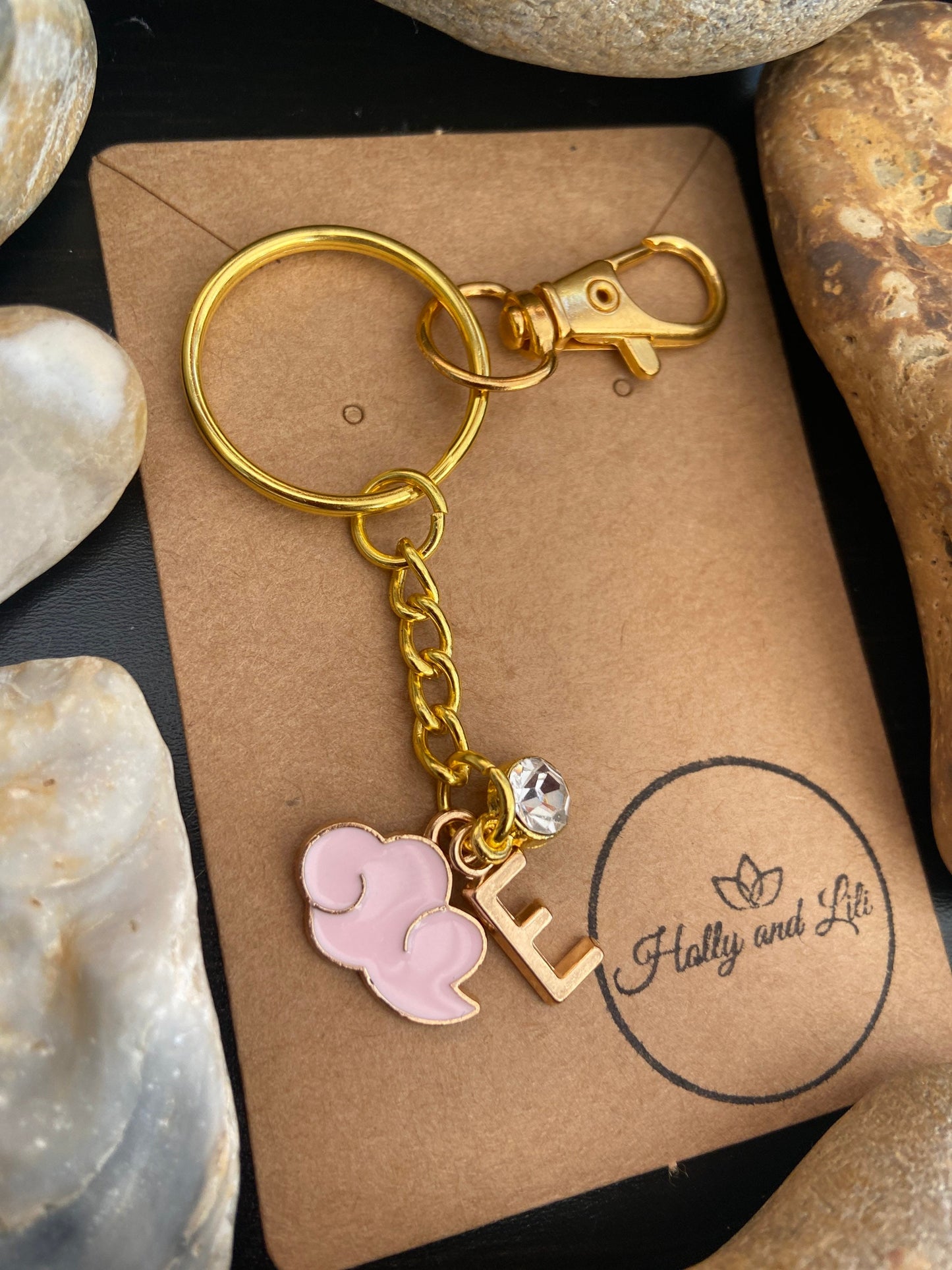 Cloud Style Pink Personalised Gold Keyring, Clouds Keychain, Alphabet Initials, Birthstone Charm, Pink Clouds, Cloudy Zipper Chain Gifts For