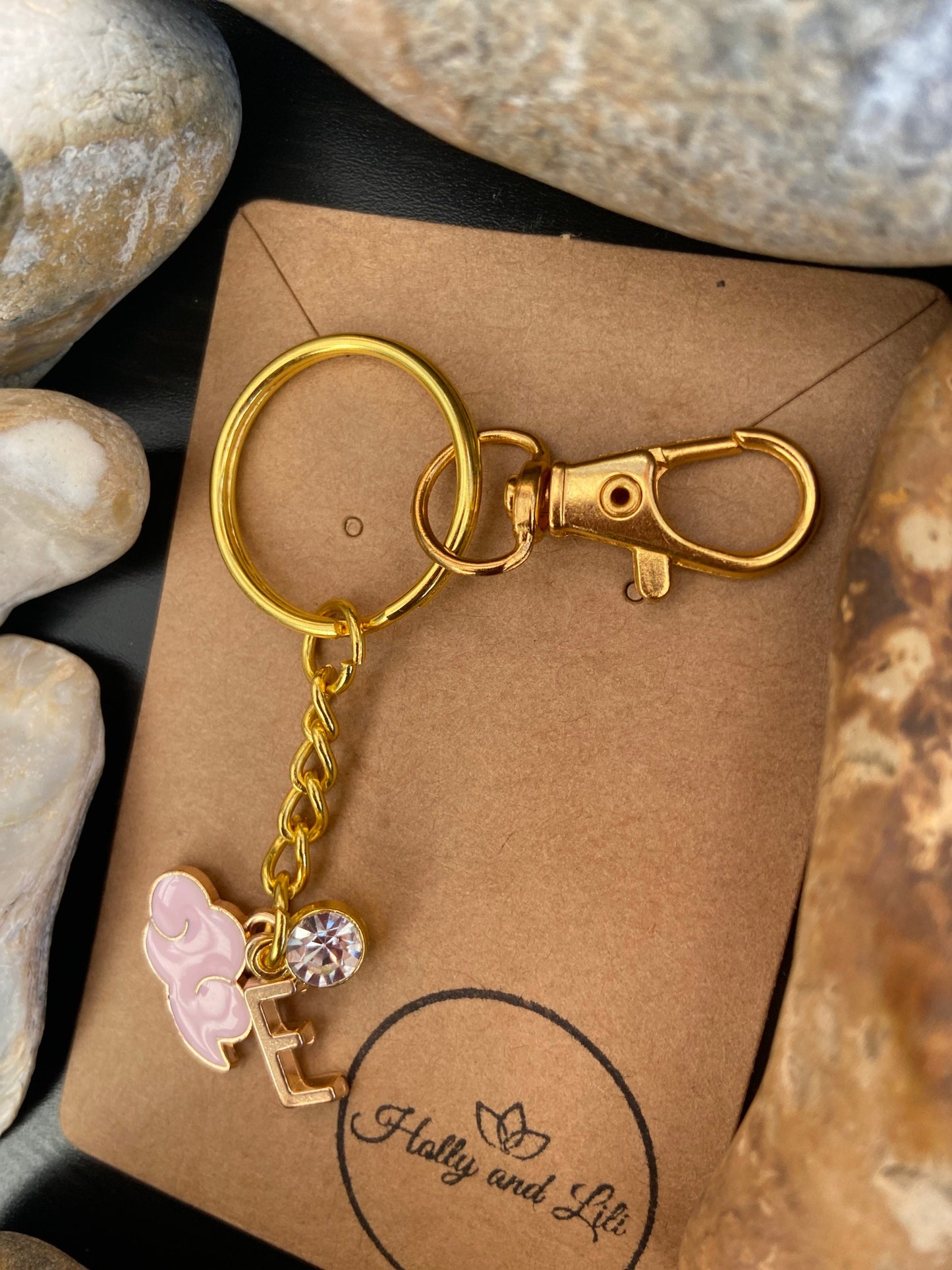 Cloud Style Pink Personalised Gold Keyring, Clouds Keychain, Alphabet Initials, Birthstone Charm, Pink Clouds, Cloudy Zipper Chain Gifts For