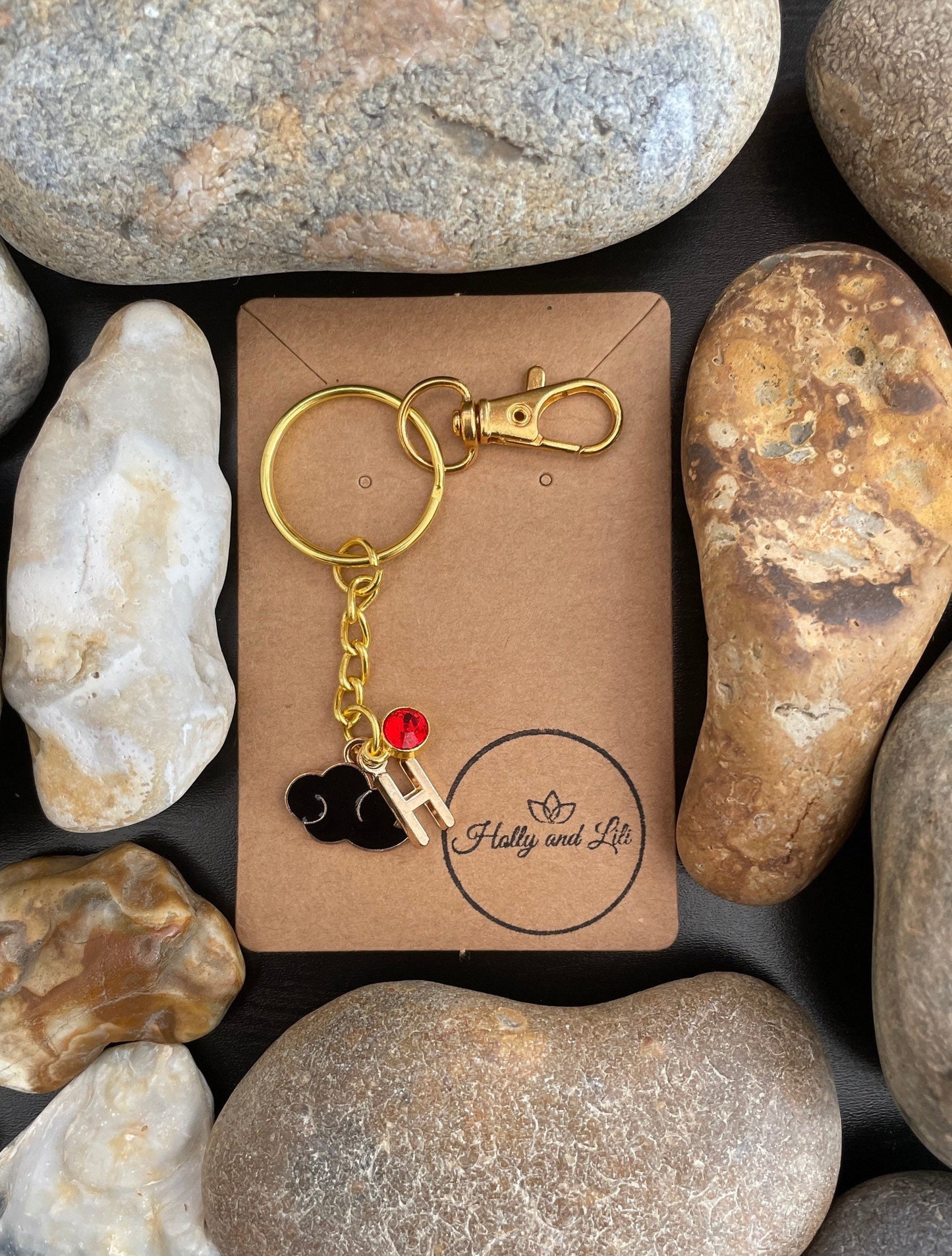 Cloud Style Black Personalised Gold Keyring, Black clouds Keychain, Alphabet Initials, Birthstone Charm, Cloudy Keyrings, Clouded Keychain