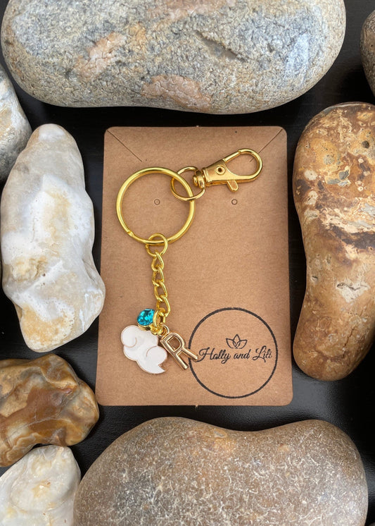 Cloud Style White Personalised Gold Keyring, Clouds Keychain, Zipper Chains, Weather Keyring, Alphabet Initials Keychain, Birthstone Charm