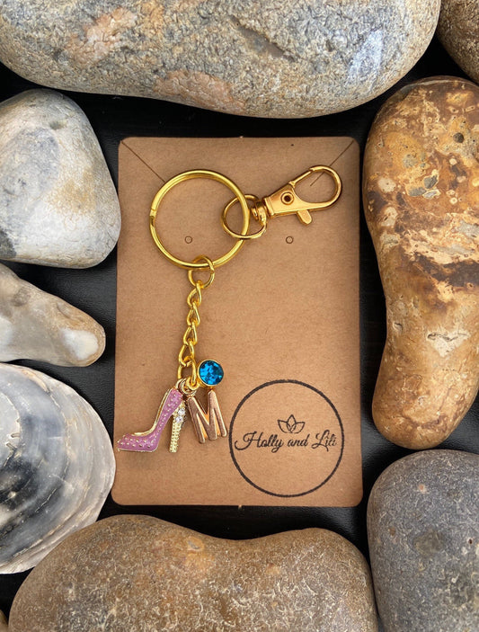 High Heel Shoes Style Purple Personalised Gold Keyring, Stiletto Keychain, Alphabet Initials, Birthstone Charm, Heels Zipper Chain Gifts