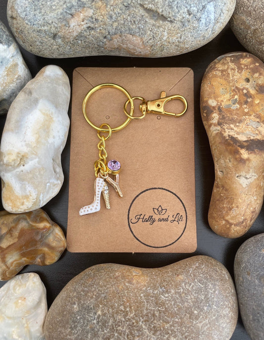 High Heel Style White Personalised Gold Keyring, Stiletto Keychain, Alphabet Initials, Birthstone Charm, Womens Heels Zipper Chain Gifts