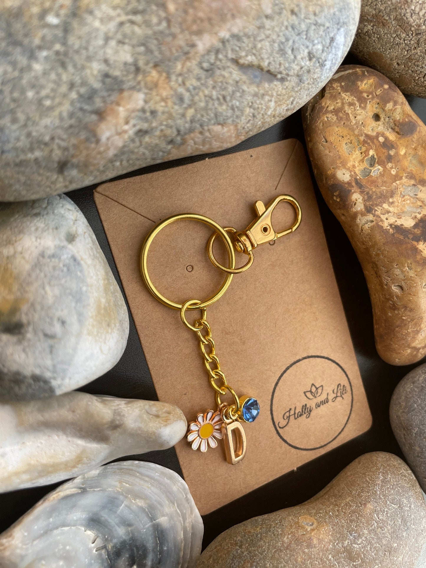 Daisy Flower Style Personalised Gold Keyring, Daisie Keycchain, Alphabet Initials, Birthstone Charm, Initials Keyring, Flower Zipper Chain