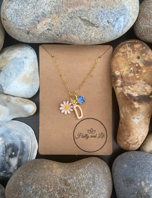 Daisy Personalised Pendant Flower Charm Gold Necklace, Alphabet Initials,  Birthstone Charm,  Flowers Gift, Life, Grow, Pretty Daisies