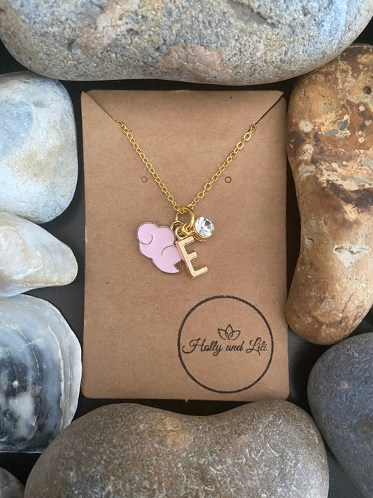 Cloud Pink Style Personalised Pendant Charm Gold Necklace, Alphabet Initials, Birthstone Charm,  Clouds, Cloudy Gifts, Cute Unique Presents