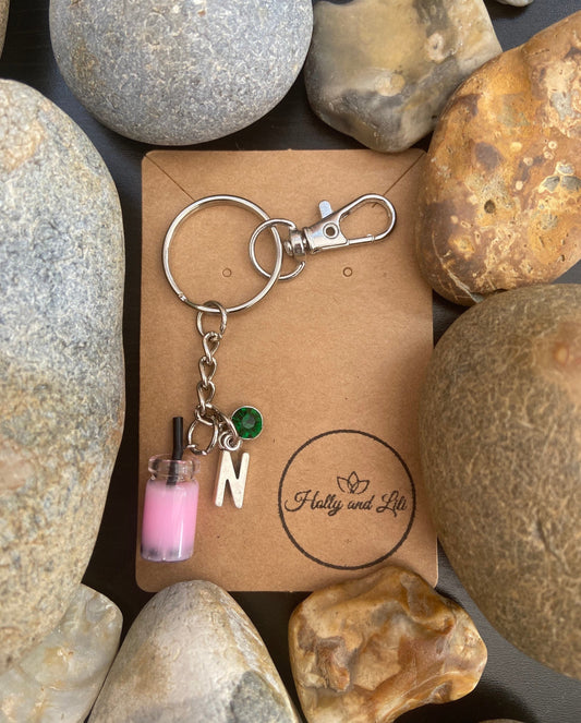 Bubble Tea Light Pink Boba Personalised Keychain Keyring Choose Your Alphabet Initials & Birthstone Charm From Holly And Lili