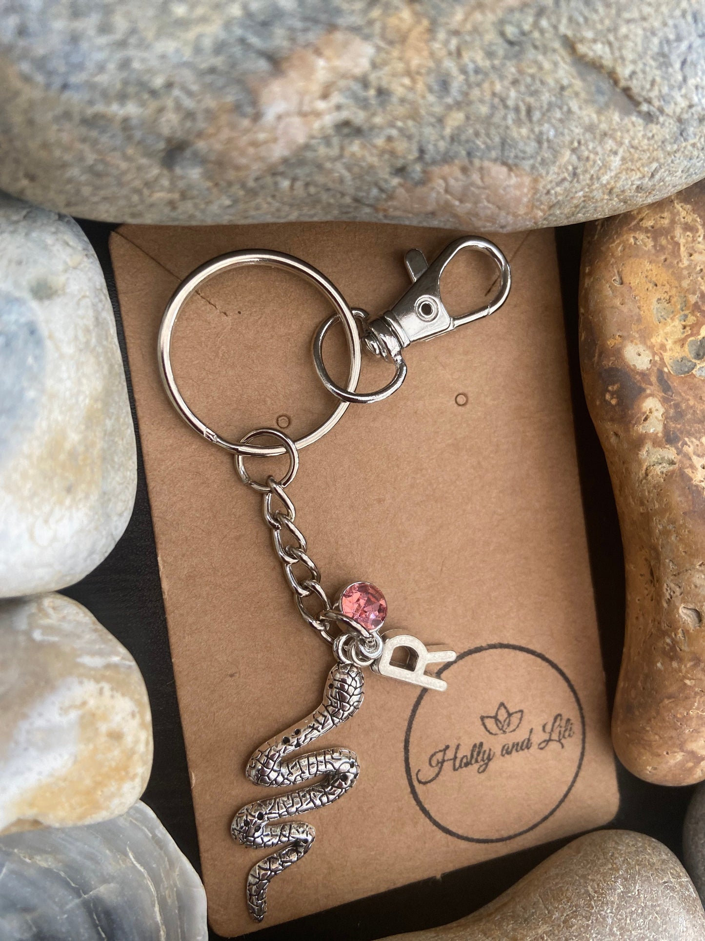 Snake Charm Personalised Keychain, Reptiles Keyring, Alphabetical Initial, Birthstone Charms, Silver Snake Zipper Chain, Initial Keyring