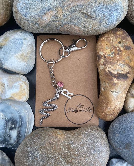 Snake Charm Personalised Keychain, Reptiles Keyring, Alphabetical Initial, Birthstone Charms, Silver Snake Zipper Chain, Initial Keyring