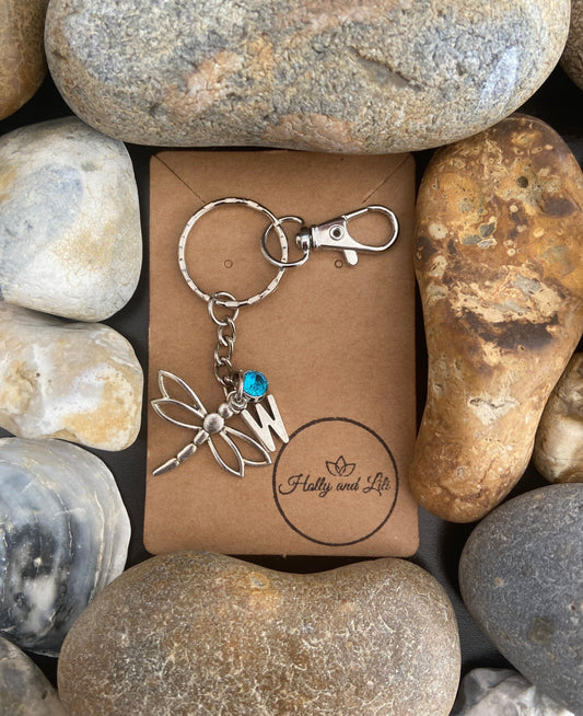 Dragonfly charm Personalised keychain, Keyring Insect, Alphabetical Initial, Birthstone Charms, Zipper Chain, For BFF, Personalise Keyring