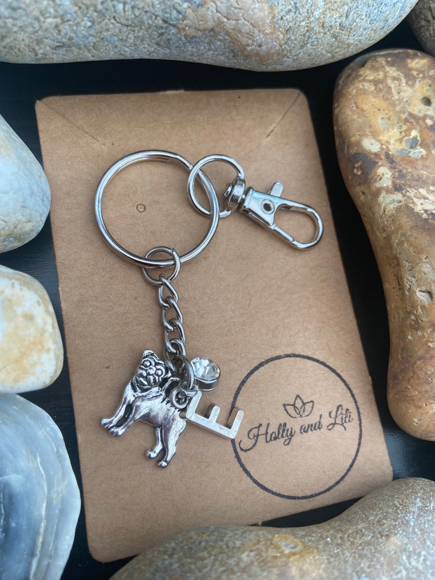 Pug Personalised keychain, Dog Keyring, Pugs, Alphabetical Initial, Birthstone Charms, Dog Lover Zipper Chain, Pug Keyring, Doggy Keychain