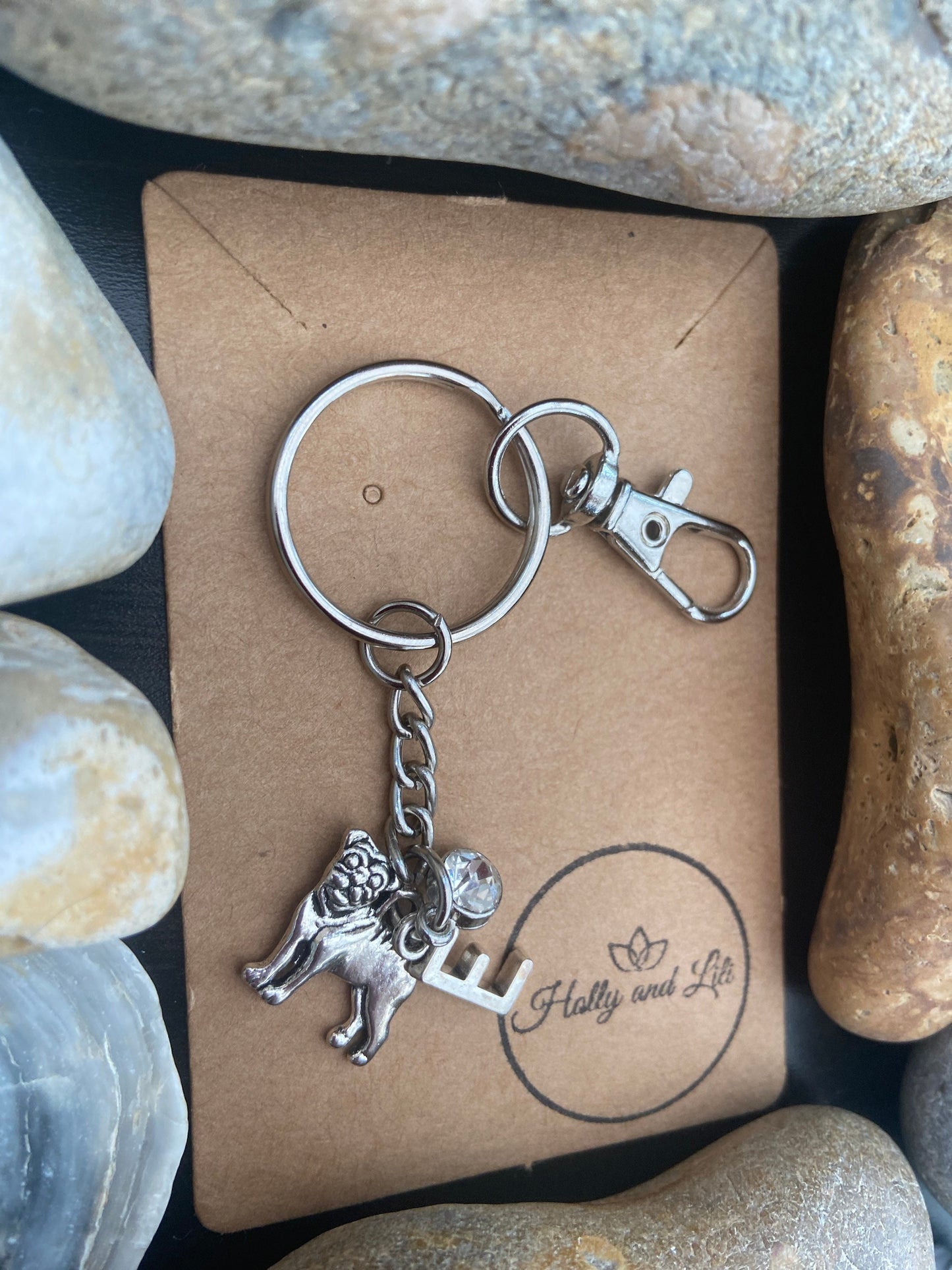 Pug Personalised keychain, Dog Keyring, Pugs, Alphabetical Initial, Birthstone Charms, Dog Lover Zipper Chain, Pug Keyring, Doggy Keychain