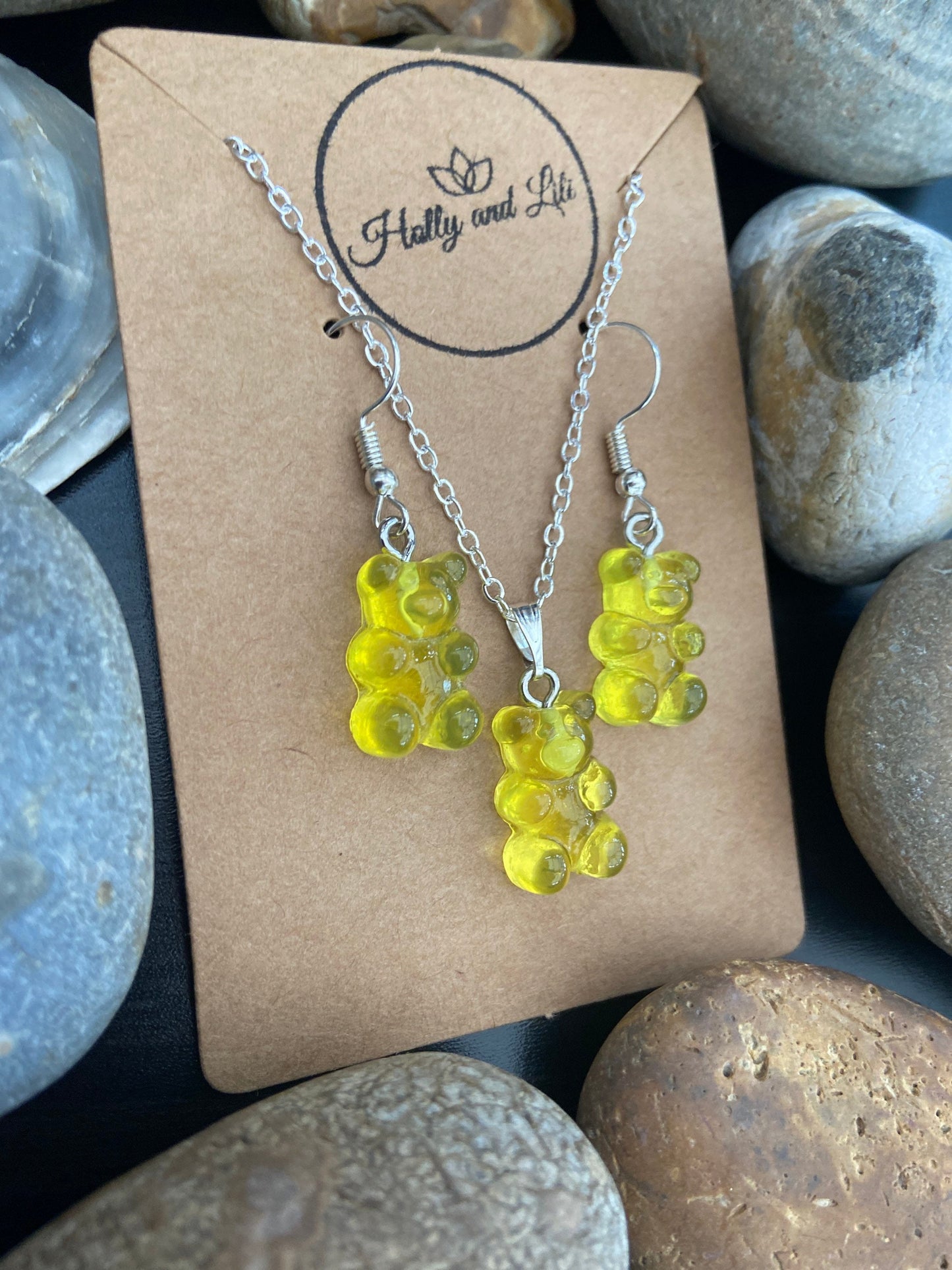 Gummy Bear Novelty Matching Necklace & Earring Set In Yellow, gummy Necklace Set, Yellow Gummy Bear Earrings, Teddy Bear Jewellery Set, Bear