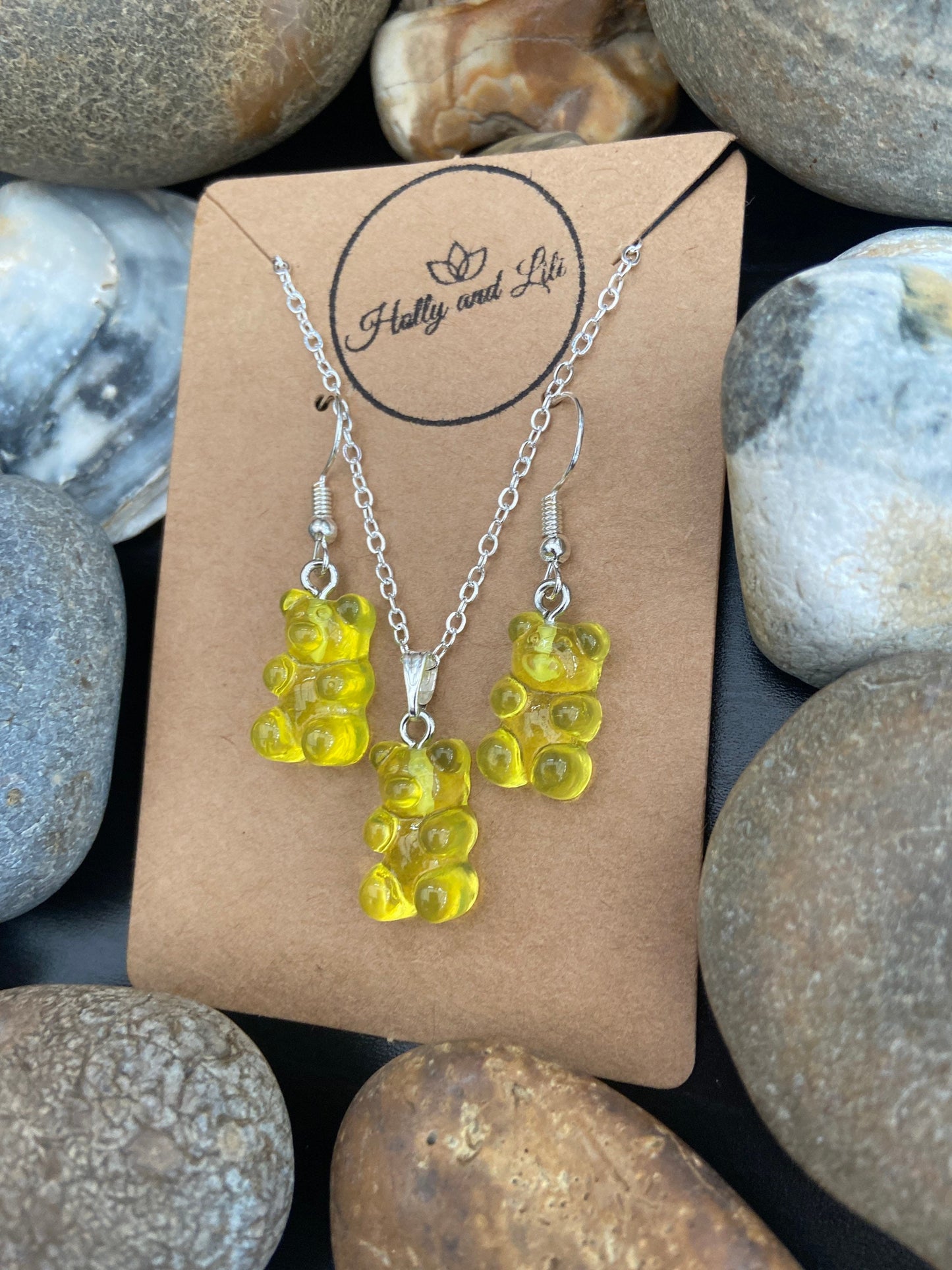 Gummy Bear Novelty Matching Necklace & Earring Set In Yellow, gummy Necklace Set, Yellow Gummy Bear Earrings, Teddy Bear Jewellery Set, Bear