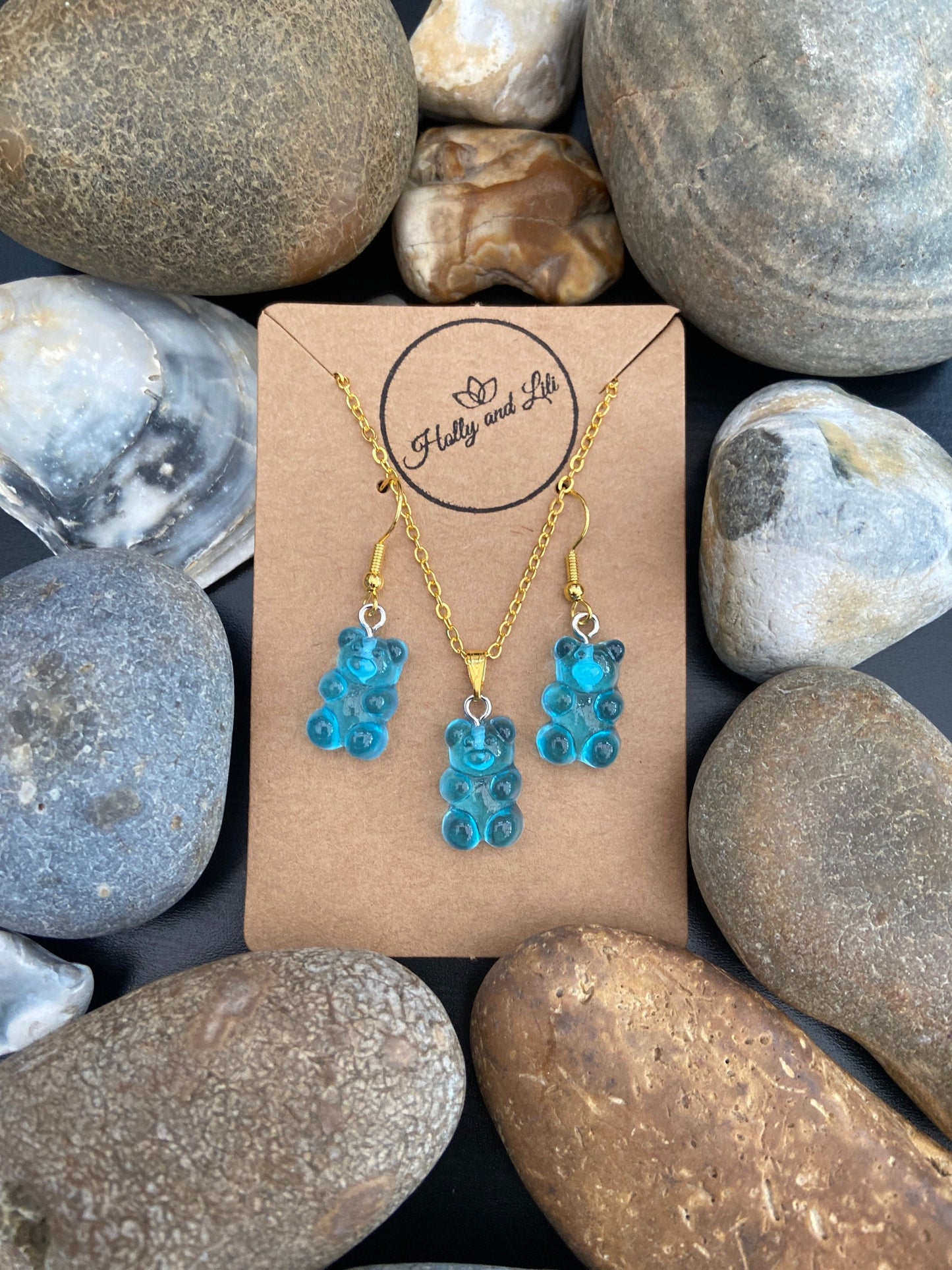 Gummy Bear Novelty Necklace & Earring Set in Blue, Blue Gummy Bear Earrings, Blue Teddy Bear Necklace, Bear Jewellery Set, Novelty Gift Set