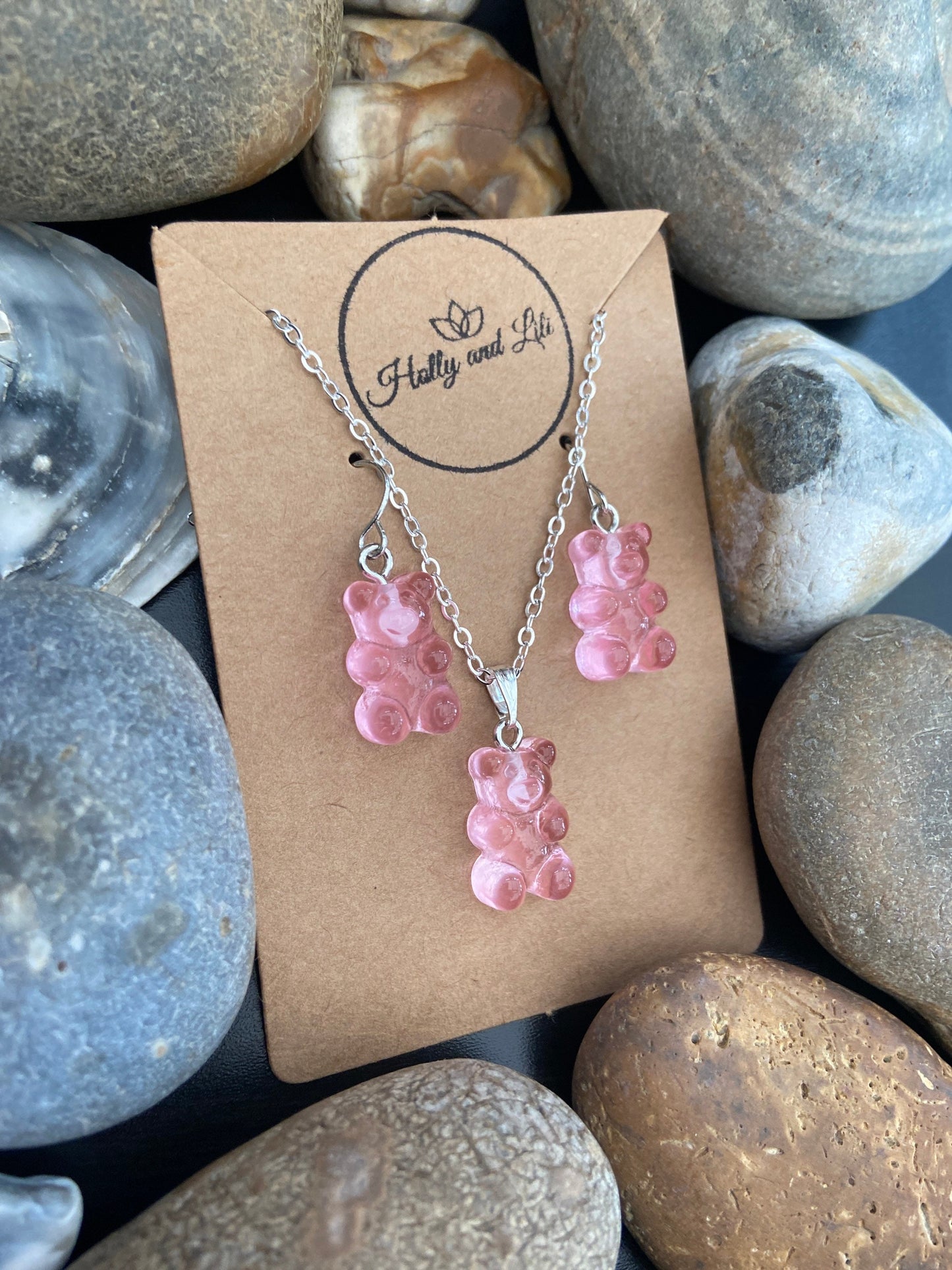 Gummy Bear Novelty Matching Necklace & Earring Set in Pink, Pink Gummy Bear Necklace, Pink Gummy Bear Earrings, Personalised Gummy Bear Gift