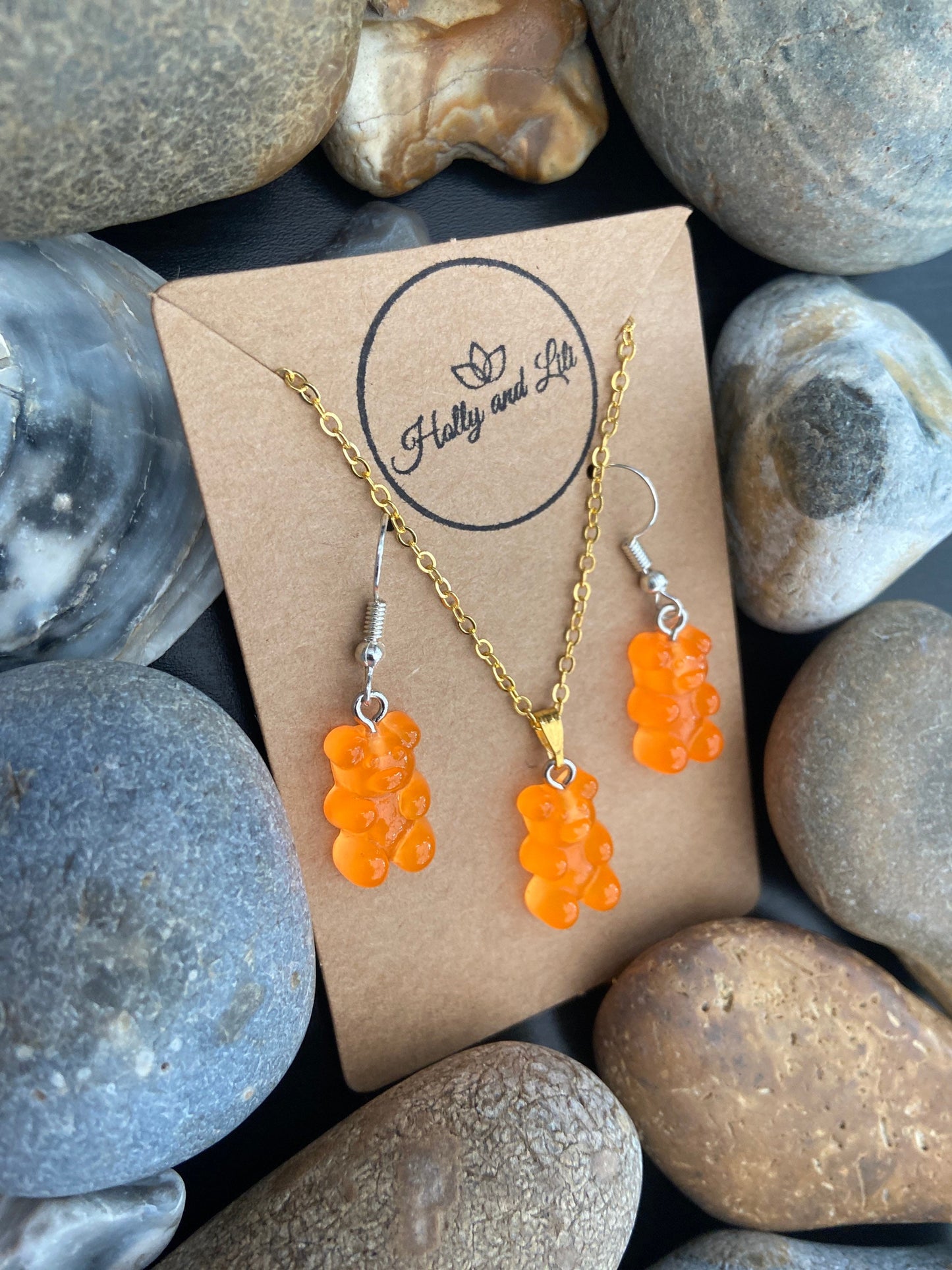 Gummy Bear Novelty Matching Necklace & Earring Set in Orange, Gummy Bear Necklaces, Orange Gummy Bear Earrings, Gummy Bear Hoops, Teddy Bear