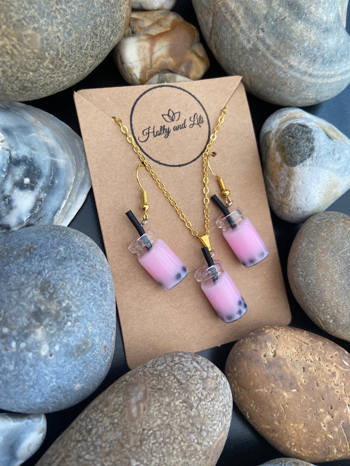 Bubble Tea Novelty Necklace & Earring Light pink colour Set, Boba Tea Set, Bubble Tea Earrings, Boba Necklace, Bubble Tea Gifts, Milk Tea